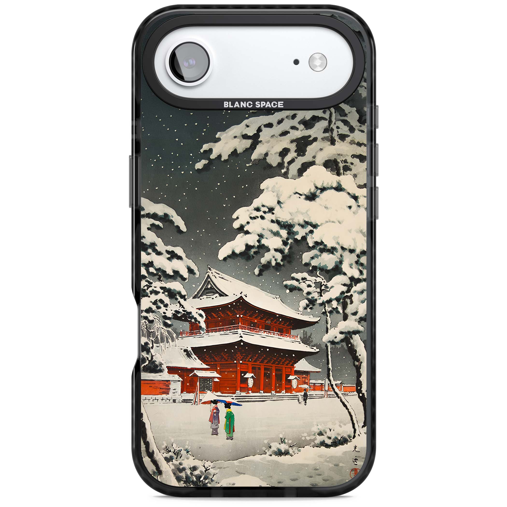 Snow at Shiha Park, Tokyo Japanese art iPhone case featuring a vintage ukiyo-e snowy temple, red pagoda, and snow-covered pin | Black Impact Magsafe case for iPhone Air