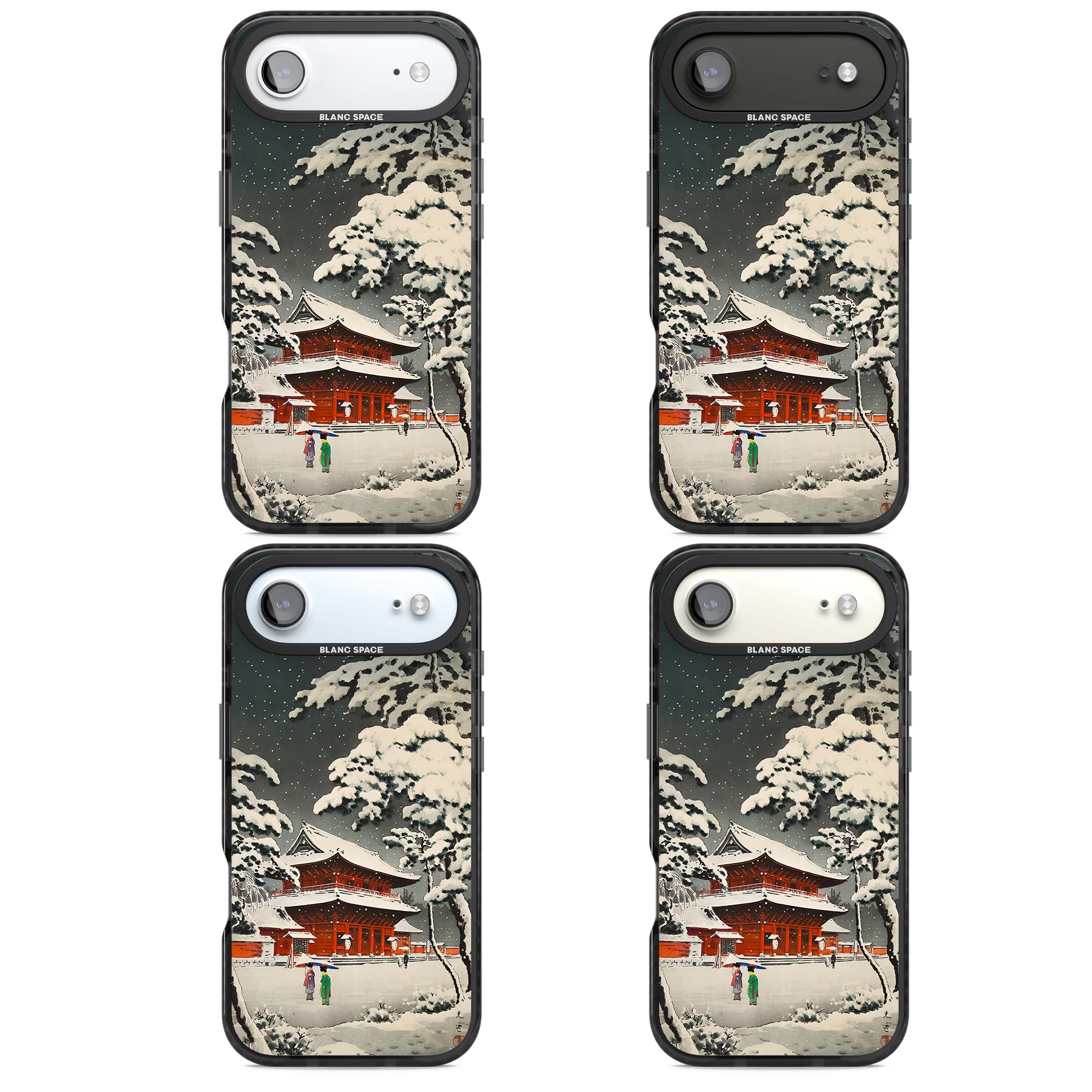 Snow at Shiha Park, Tokyo Japanese art iPhone case featuring a vintage ukiyo-e snowy temple, red pagoda, and snow-covered pin | Black Impact Magsafe case for iPhone Air