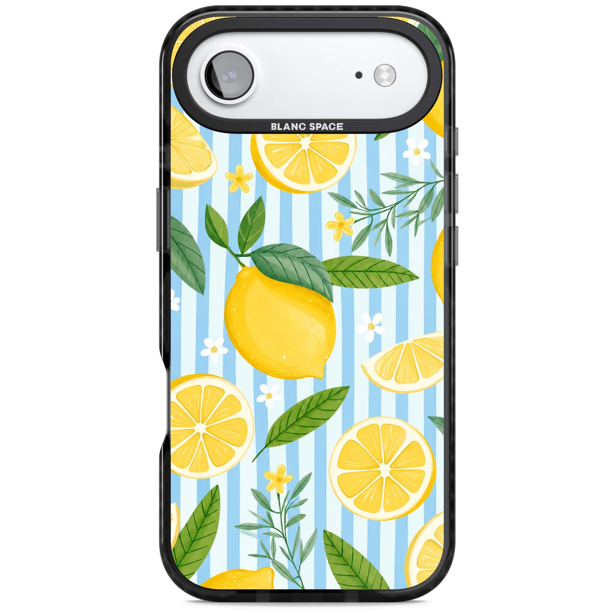 Capri Citrus Stripe coastal iPhone case featuring yellow lemons, blue stripes, and white daisy blossoms | Black Impact Magsafe case for iPhone Air