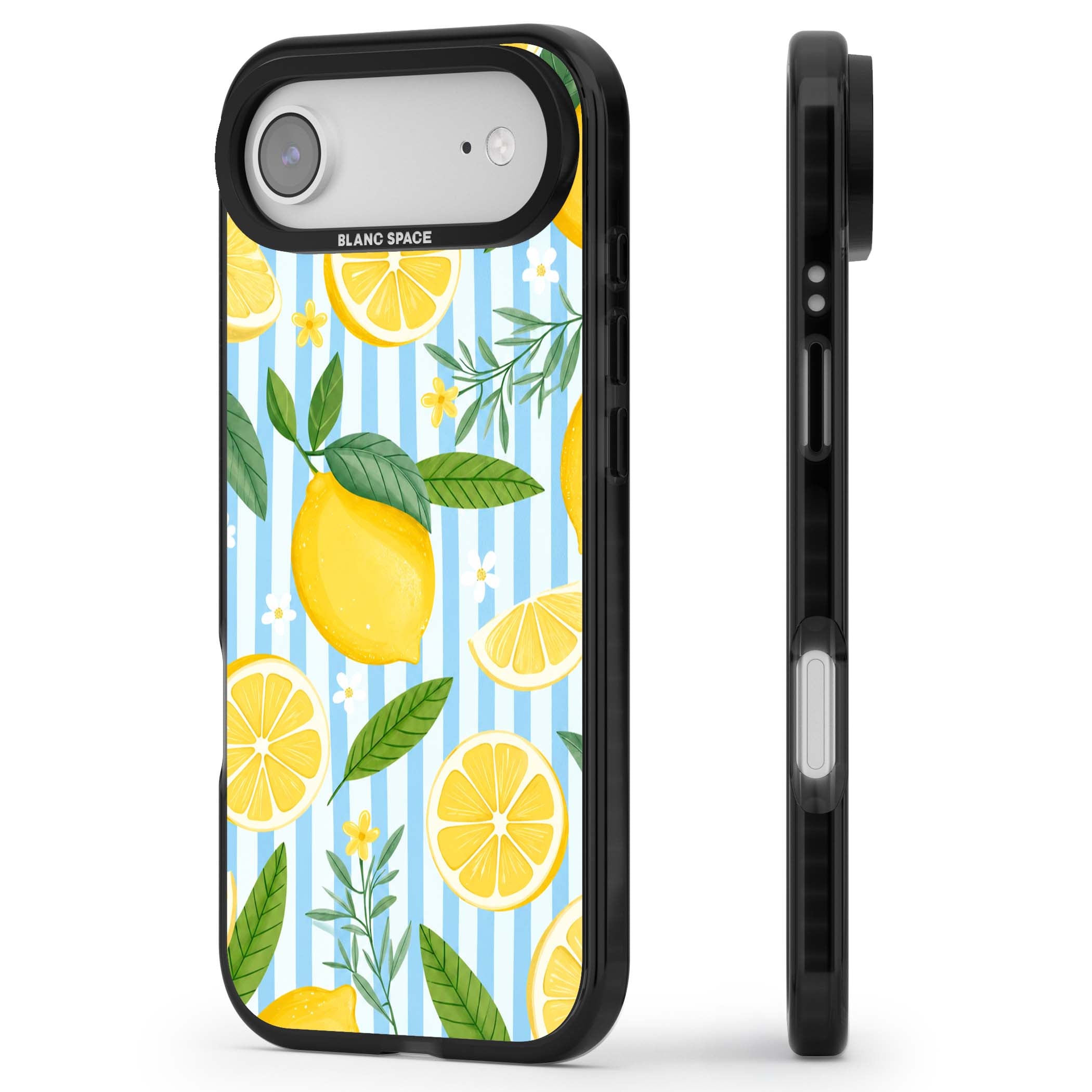 Capri Citrus Stripe coastal iPhone case featuring yellow lemons, blue stripes, and white daisy blossoms | Black Impact Magsafe case for iPhone Air