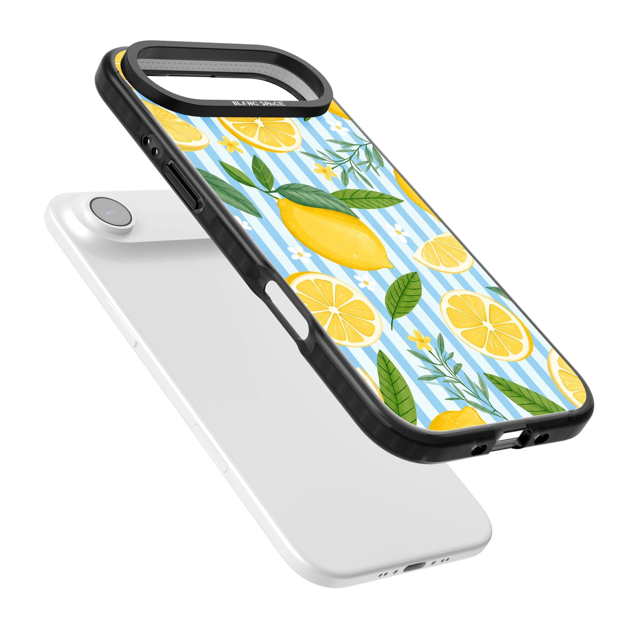 Capri Citrus Stripe coastal iPhone case featuring yellow lemons, blue stripes, and white daisy blossoms | Black Impact Magsafe case for iPhone Air