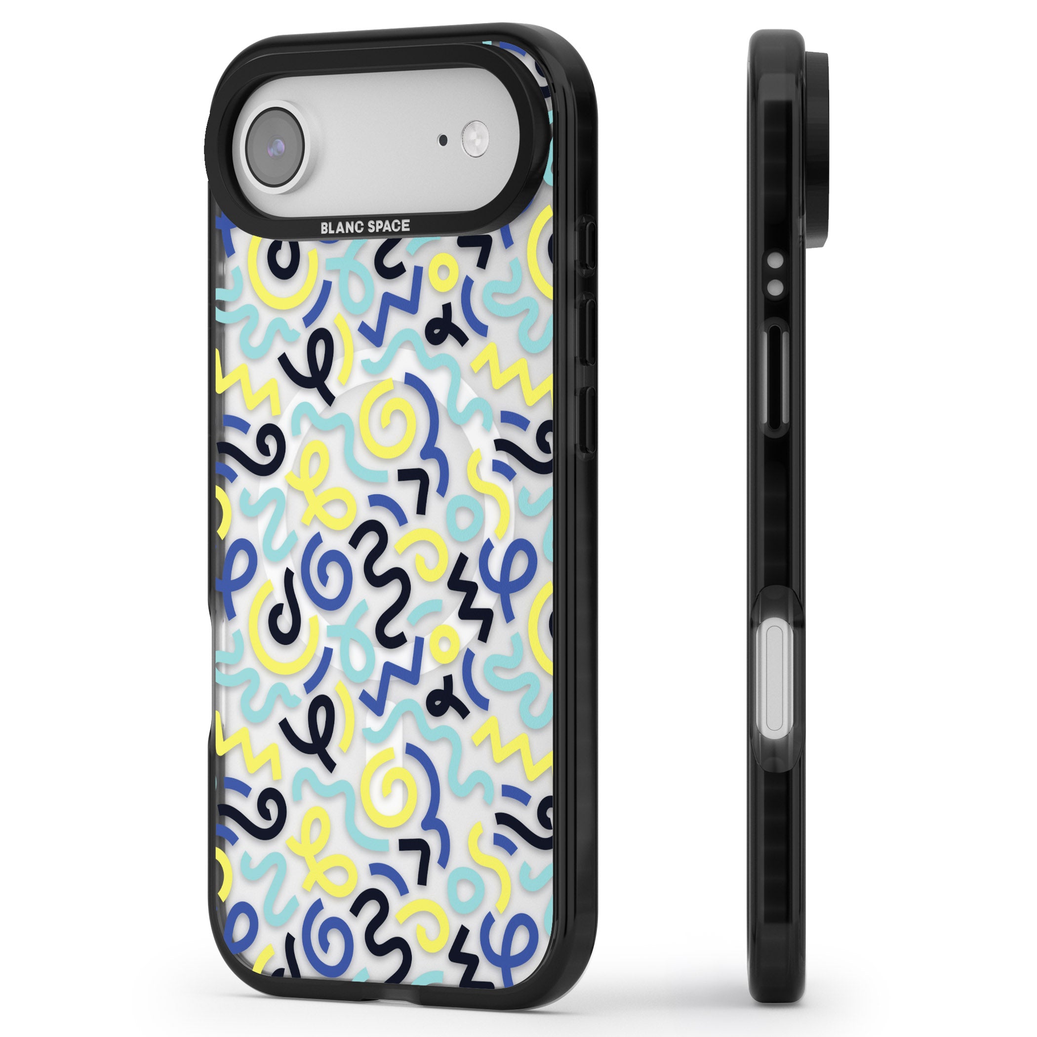 Blue & Yellow Memphis Retro iPhone 17 Air Impact Pro Black Phone Case Side Profile