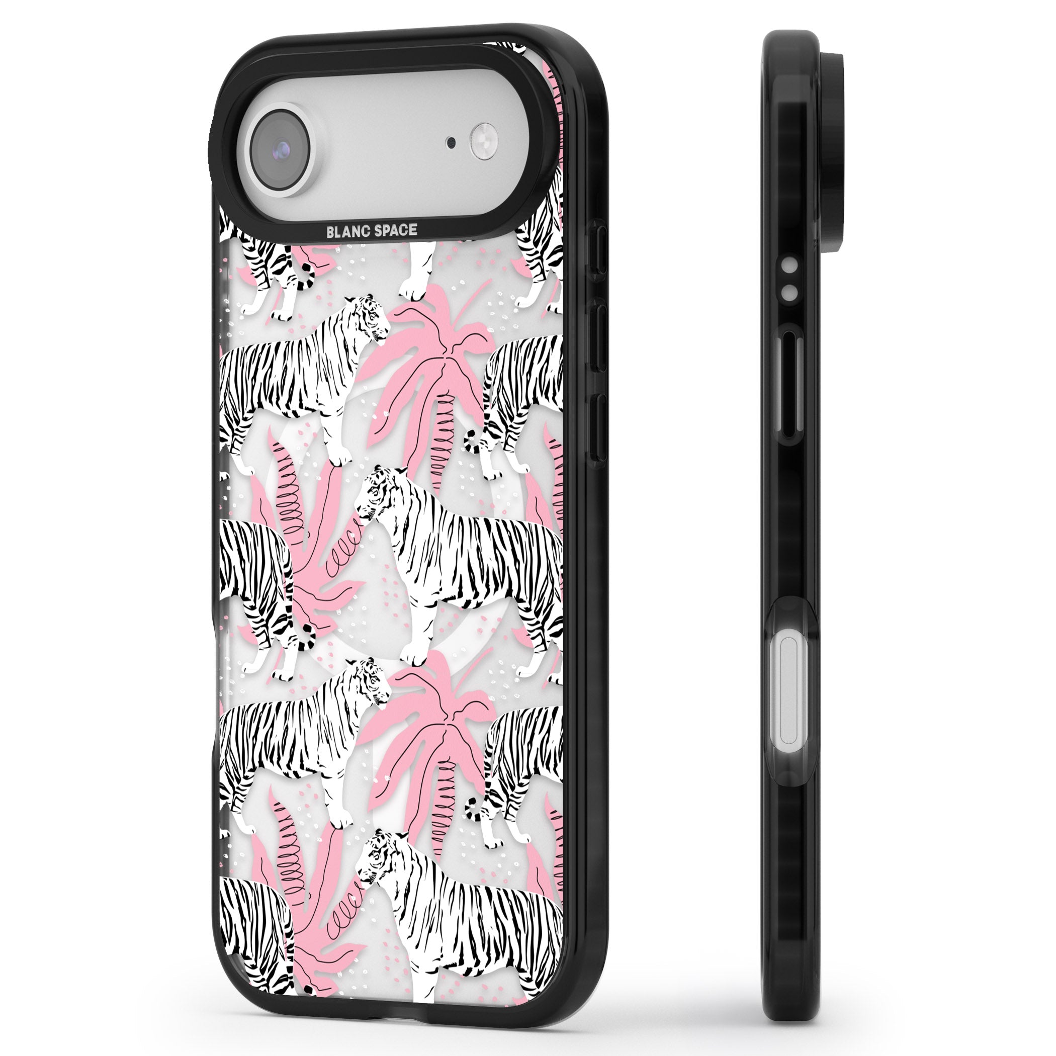 Pink & White Tropical Tigers iPhone 17 Air Impact Pro Black Phone Case Side Profile