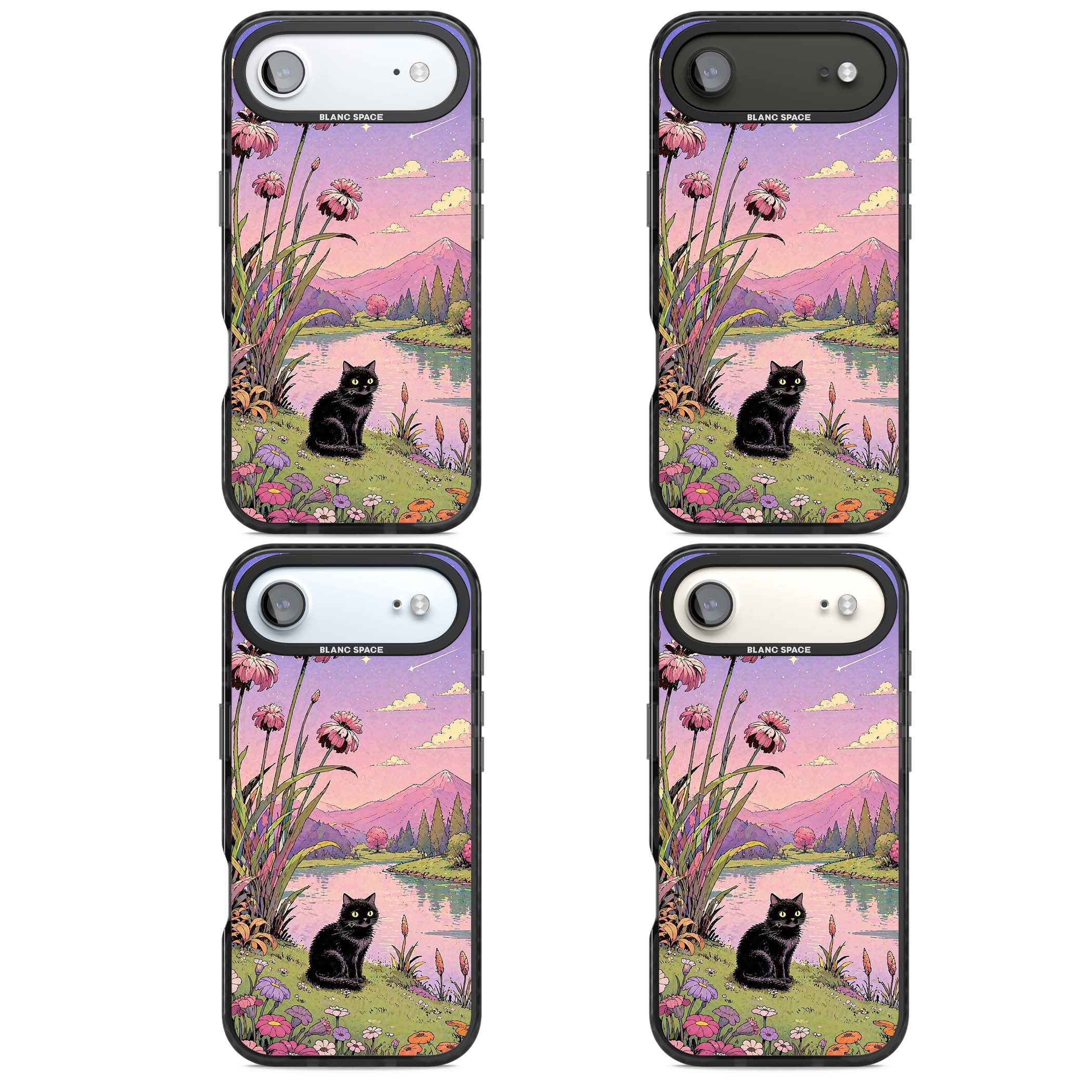 Mystic Whiskers ghibli iPhone case featuring a black cat by a pastel lake, wildflowers and a starry sunset sky | Black Impact Magsafe case for iPhone Air