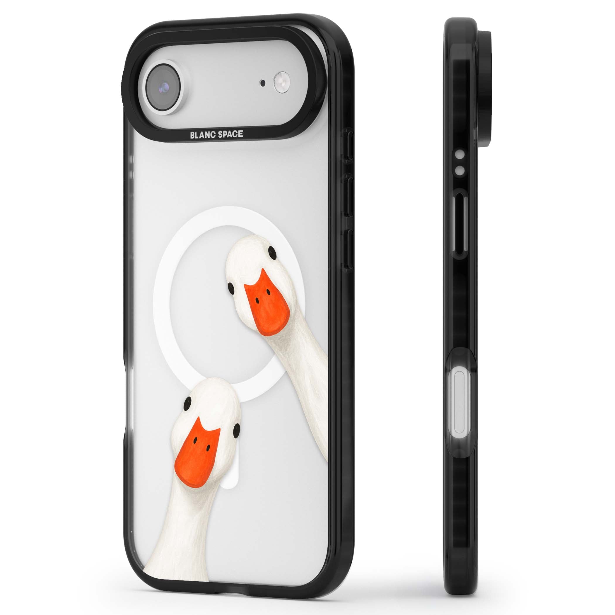 Nosy Ducks cottagecore iPhone case featuring two peeking white ducks with orange beaks on a clear background | Black Impact Magsafe case for iPhone Air