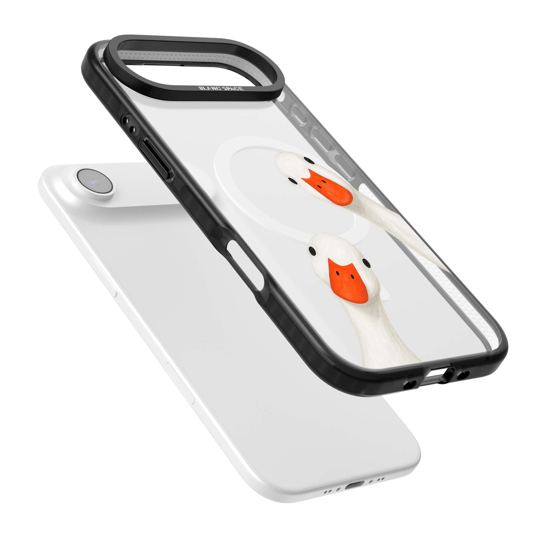 Nosy Ducks cottagecore iPhone case featuring two peeking white ducks with orange beaks on a clear background | Black Impact Magsafe case for iPhone Air