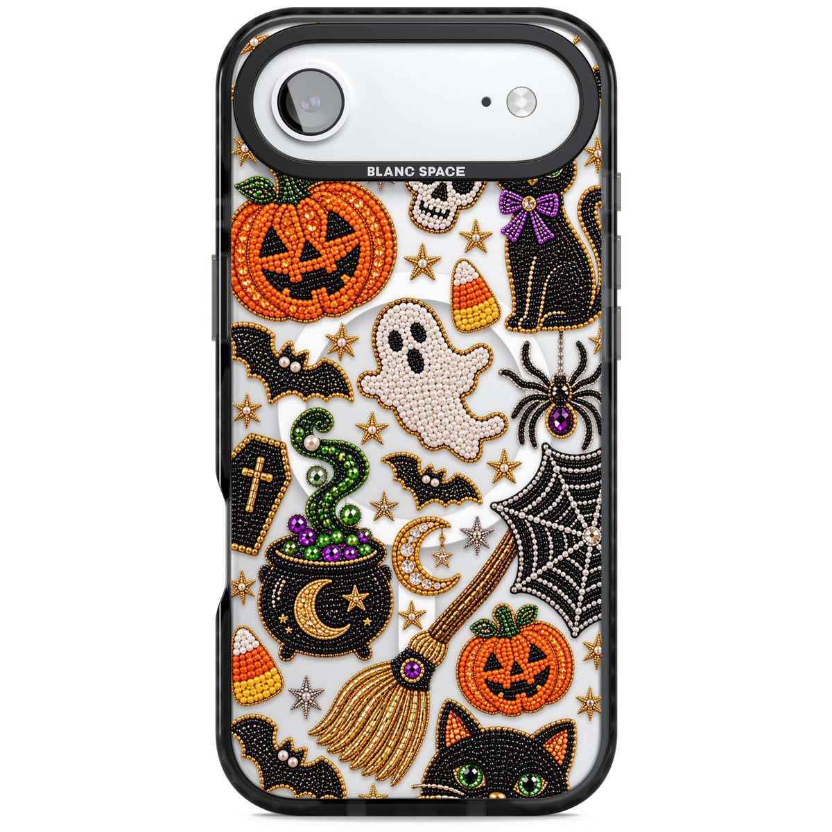 Beaded Halloween Halloween iPhone case featuring beaded pumpkins, ghosts, black cats and bats | Black Impact Magsafe case for iPhone Air