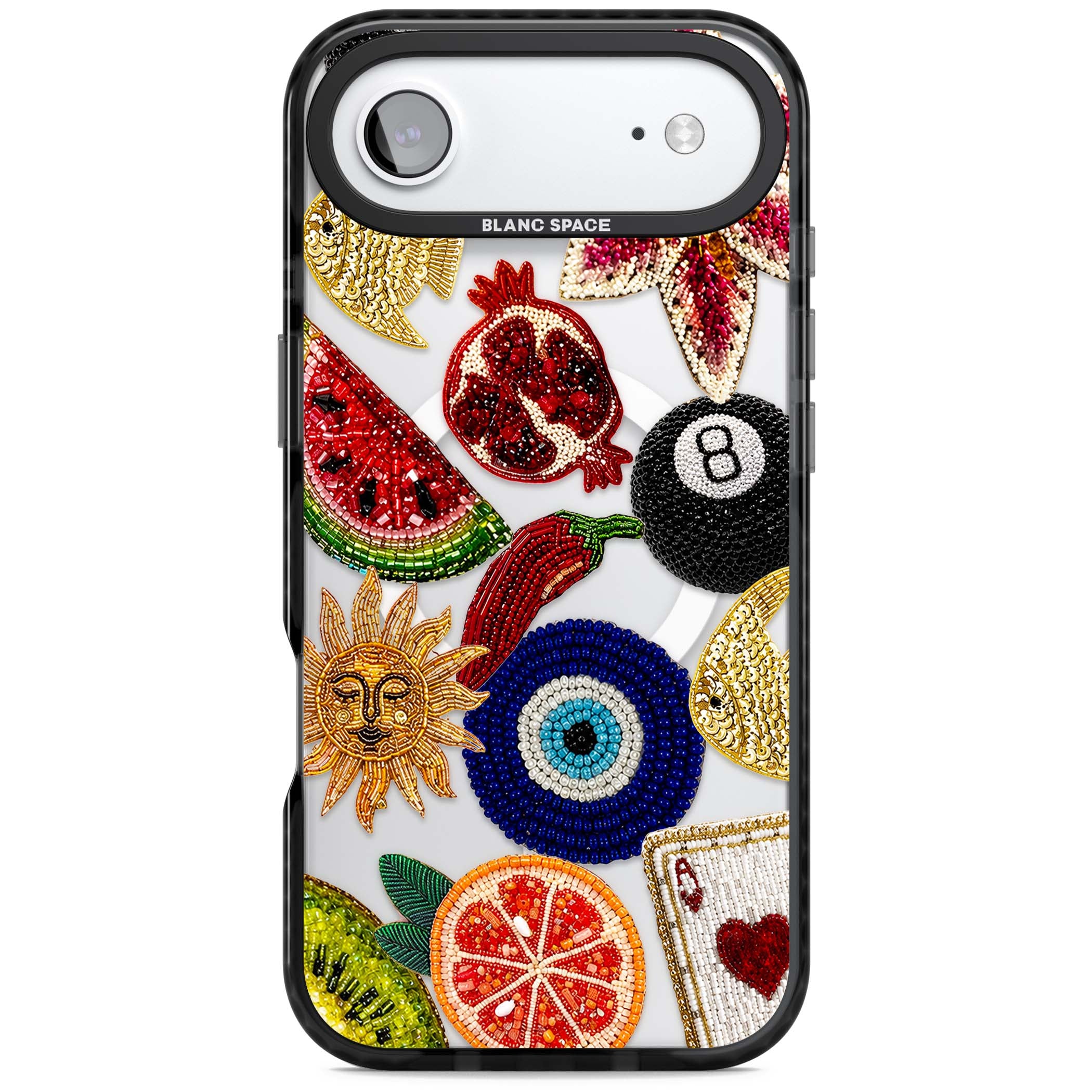Beaded Charms embroidery iPhone case featuring beaded evil eye, fruit patches and a golden sun motif | Black Impact Magsafe case for iPhone Air