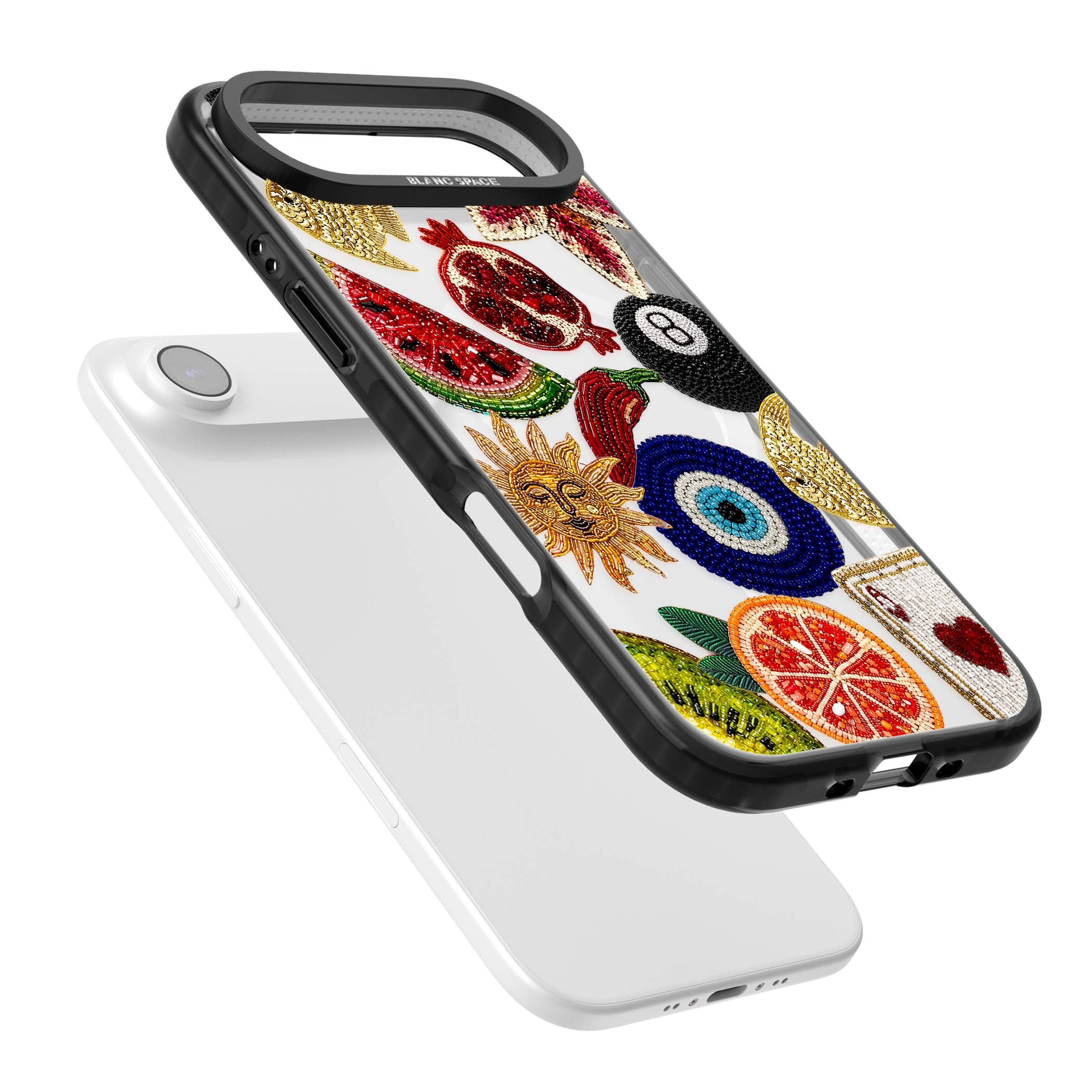 Beaded Charms embroidery iPhone case featuring beaded evil eye, fruit patches and a golden sun motif | Black Impact Magsafe case for iPhone Air