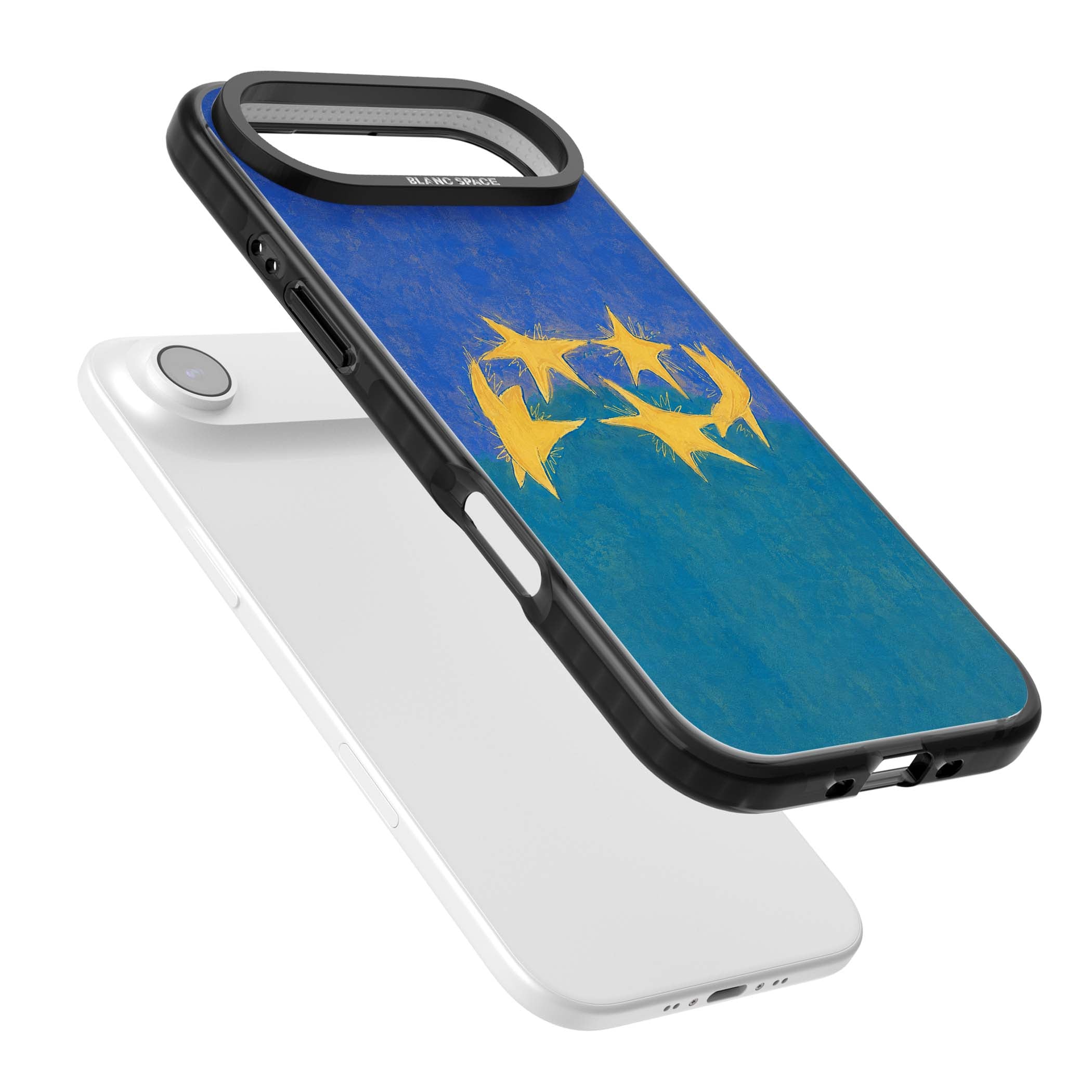 Star Boogie stars aesthetic iPhone case featuring five yellow hand-painted stars on cobalt blue and teal | Black Impact Magsafe case for iPhone Air