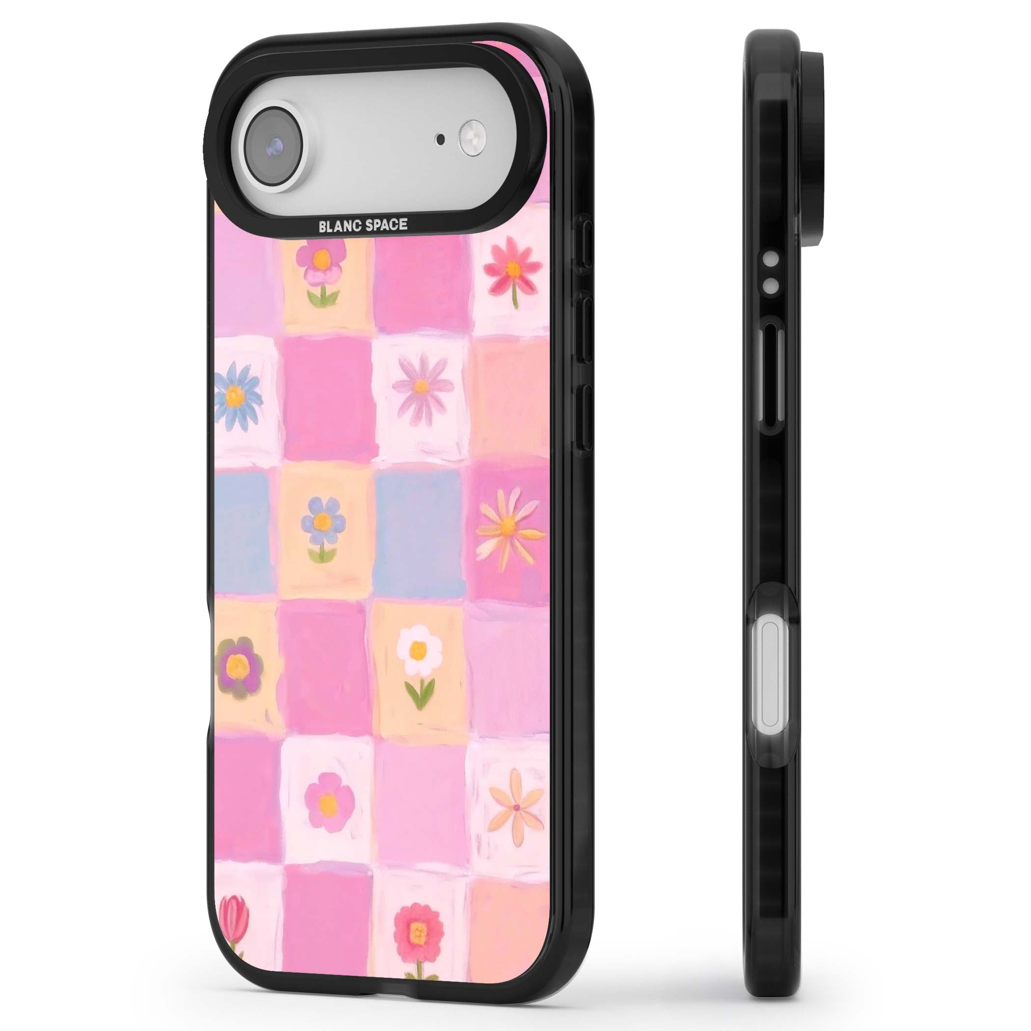 Pastel Flower Patchwork cottagecore iPhone case featuring painted pink and lilac squares with daisies and wildflowers | Black Impact Magsafe case for iPhone Air