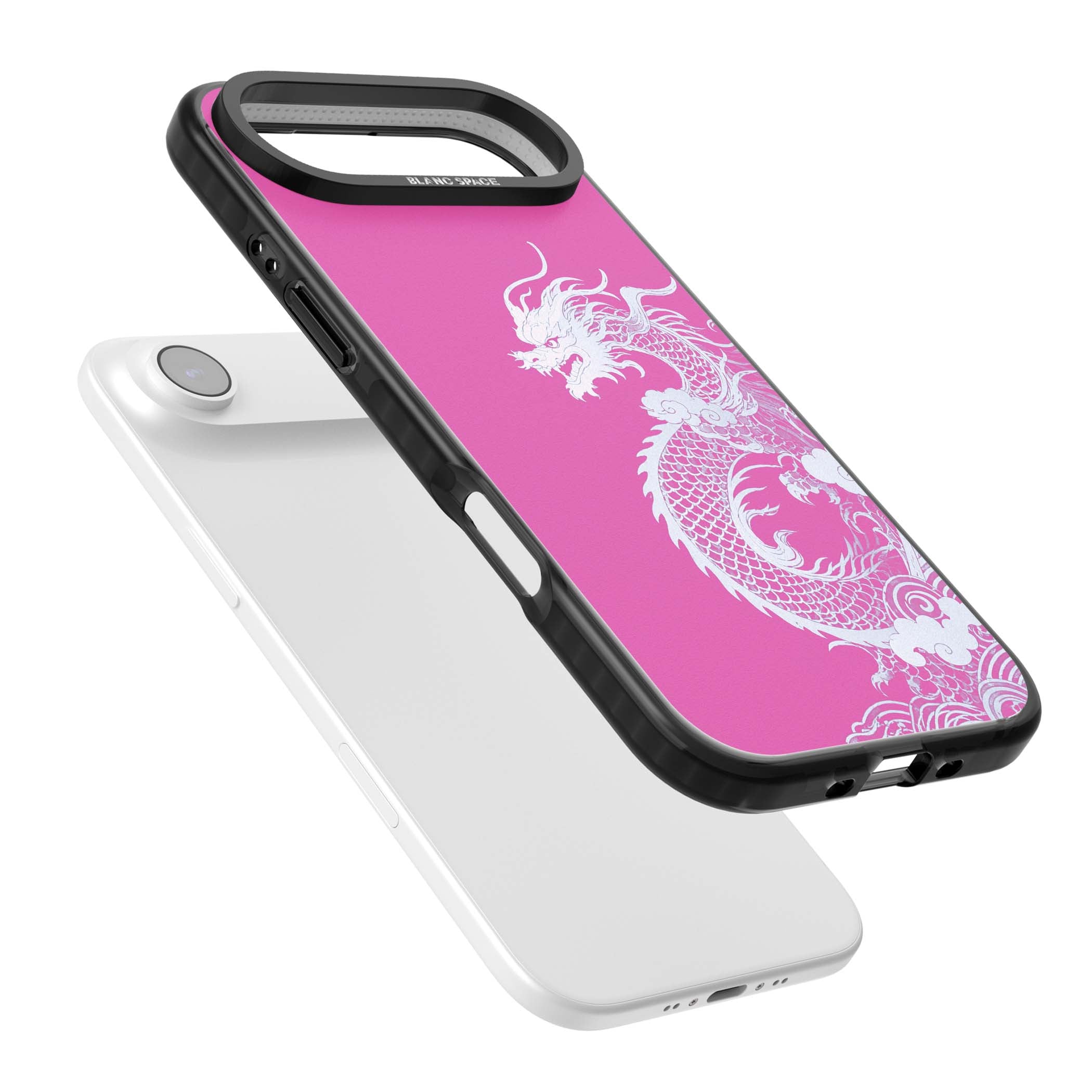 Pink Empress chinese dragon iPhone case featuring a white dragon, swirling clouds and pink dragon wallpaper backdrop | Black Impact Magsafe case for iPhone Air