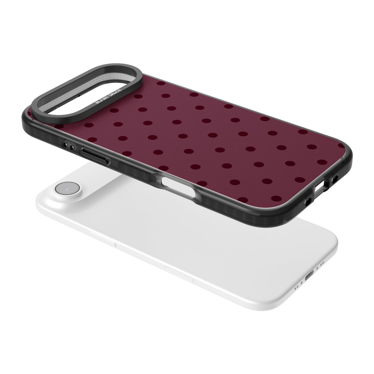 Burgundy Polka Dot minimalist iPhone case featuring black polka dots on a deep burgundy wine red background iPhone Air / iPhone 17 Air Impact Pro Black Phone Case angled