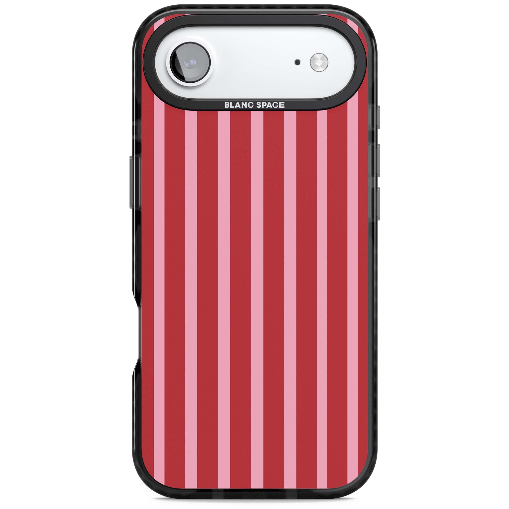 Raspberry Stripe coquette iPhone case featuring red and pink vertical stripes in a candy-inspired pattern | Black Impact Magsafe case for iPhone Air