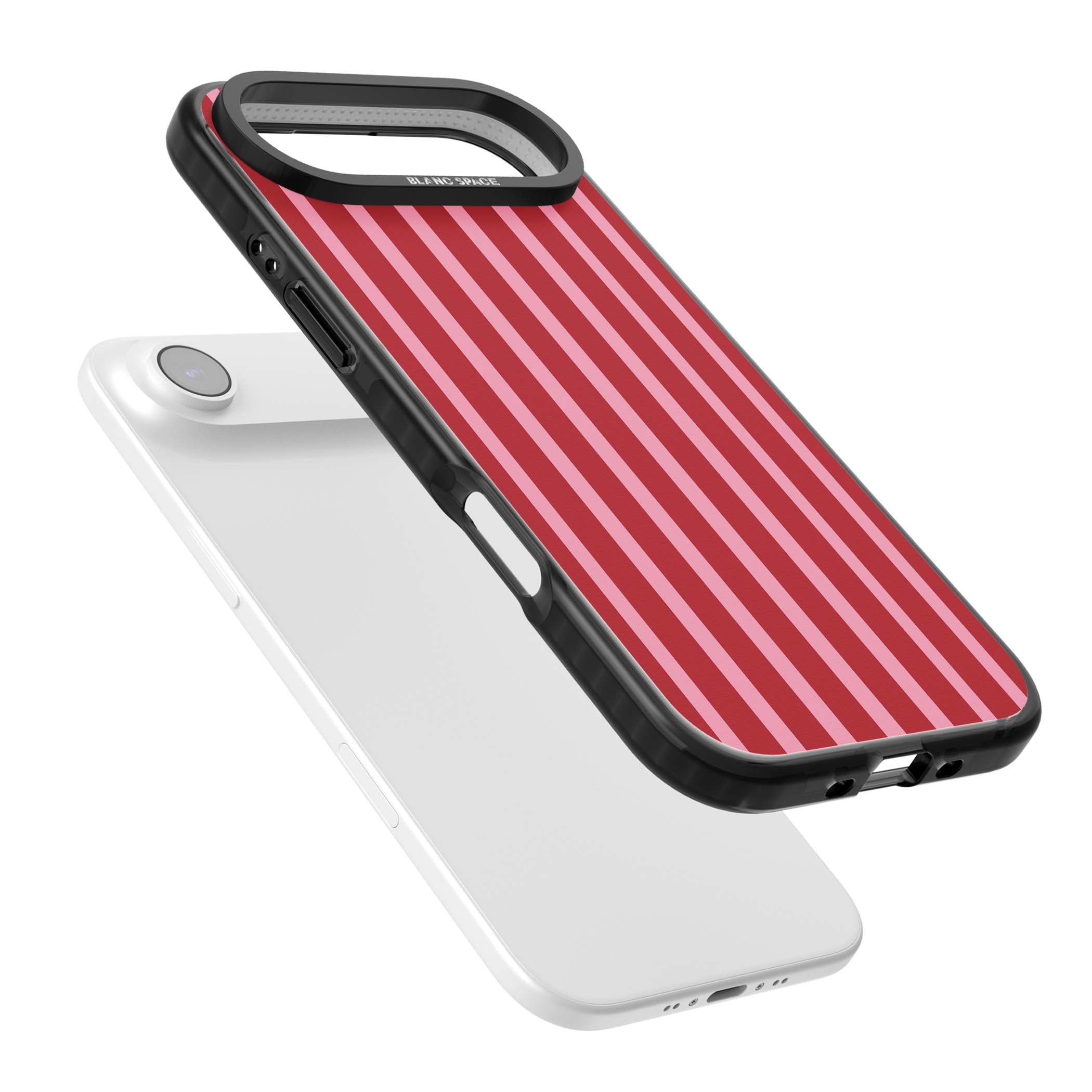 Raspberry Stripe coquette iPhone case featuring red and pink vertical stripes in a candy-inspired pattern | Black Impact Magsafe case for iPhone Air