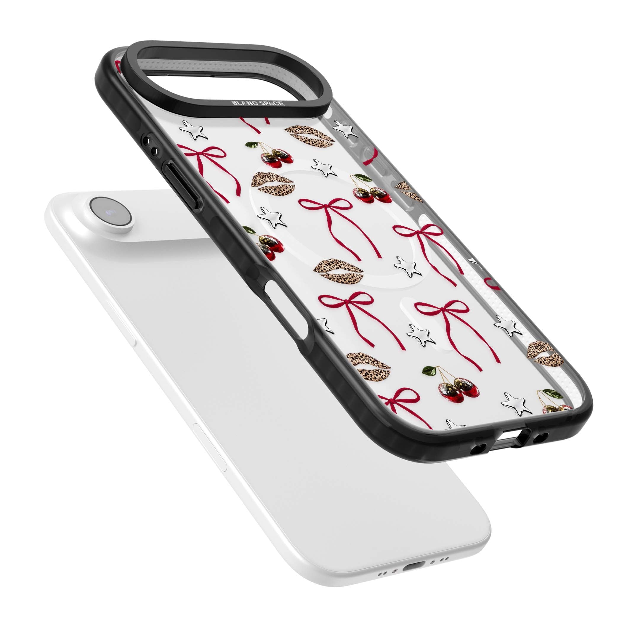 Starlet coquette iPhone case featuring red ribbon bows, disco cherries and leopard-print lips | Black Impact Magsafe case for iPhone Air