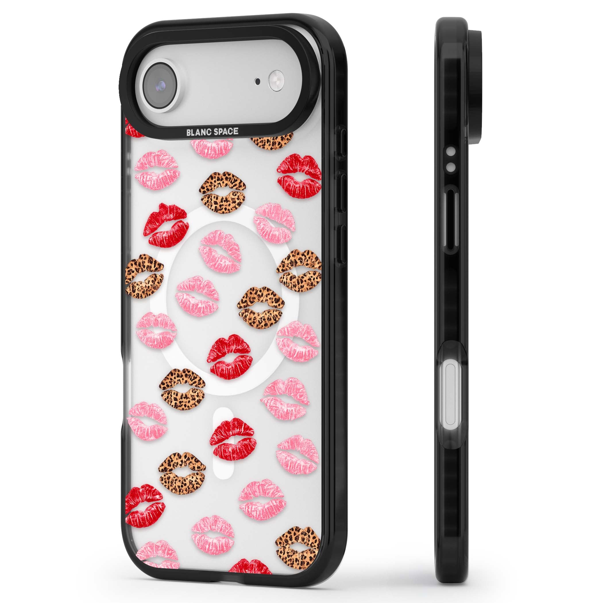 Wild Kisses coquette iPhone case featuring red, pink and leopard print lipstick kiss marks on a clear background | Black Impact Magsafe case for iPhone Air