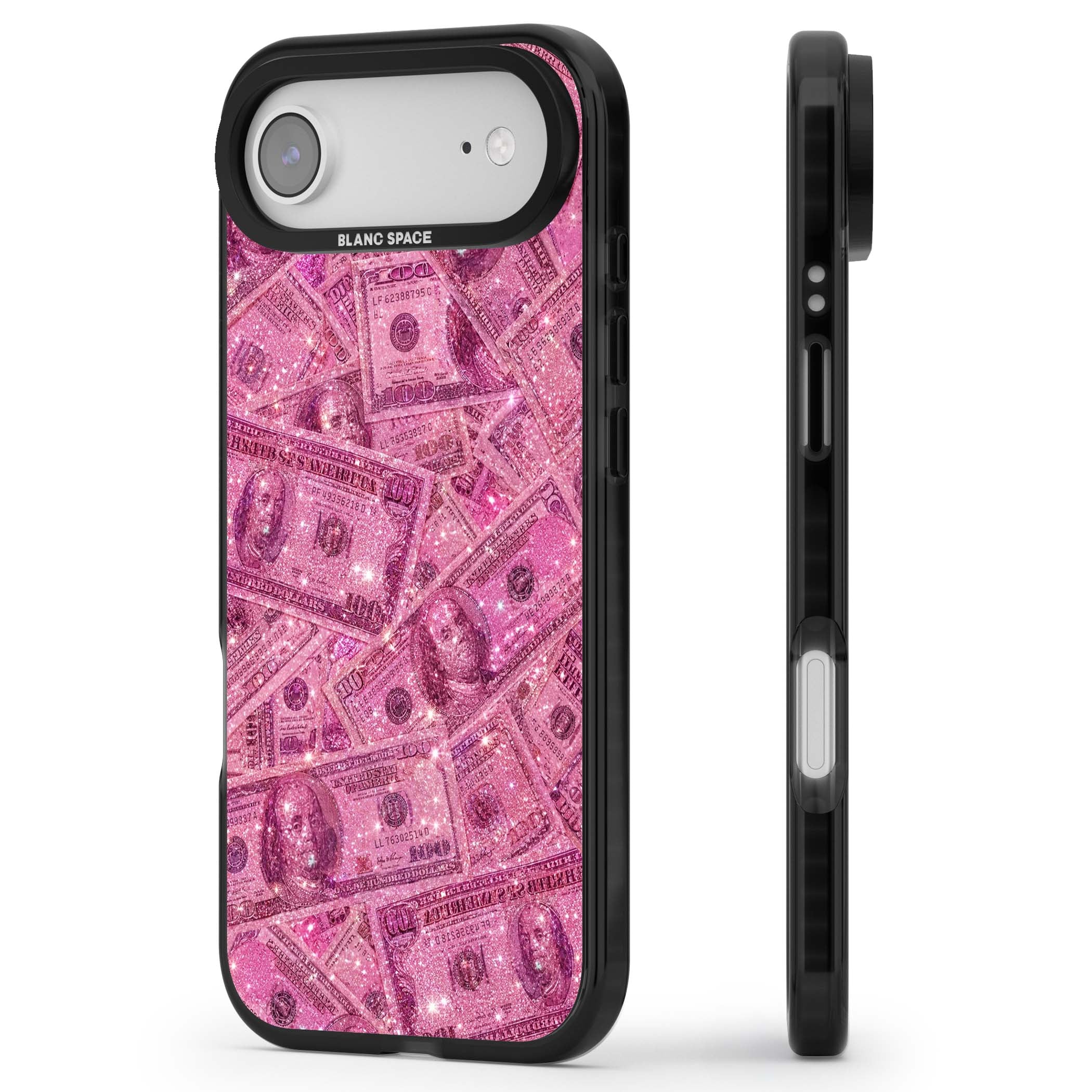 Glamorous baddie iPhone case featuring pink glitter hundred dollar bills and sparkling money wallpaper design | Black Impact Magsafe case for iPhone Air