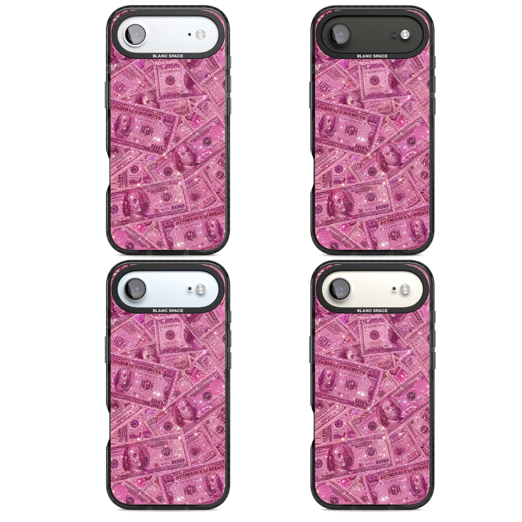 Glamorous baddie iPhone case featuring pink glitter hundred dollar bills and sparkling money wallpaper design | Black Impact Magsafe case for iPhone Air
