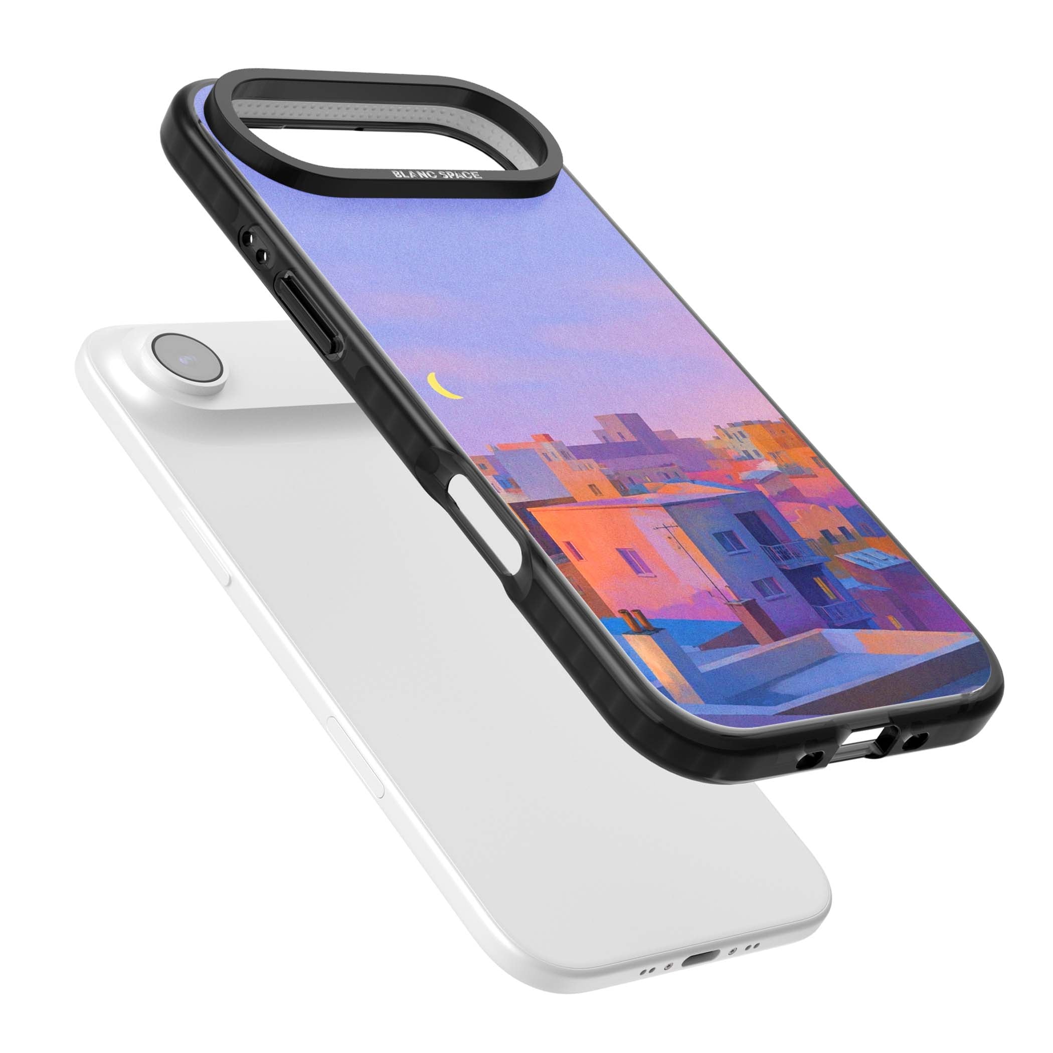 Twilight Rooftops vaporwave iPhone case featuring a pastel sunset cityscape, painted rooftops and a crescent moon. | Black Impact Magsafe case for iPhone Air