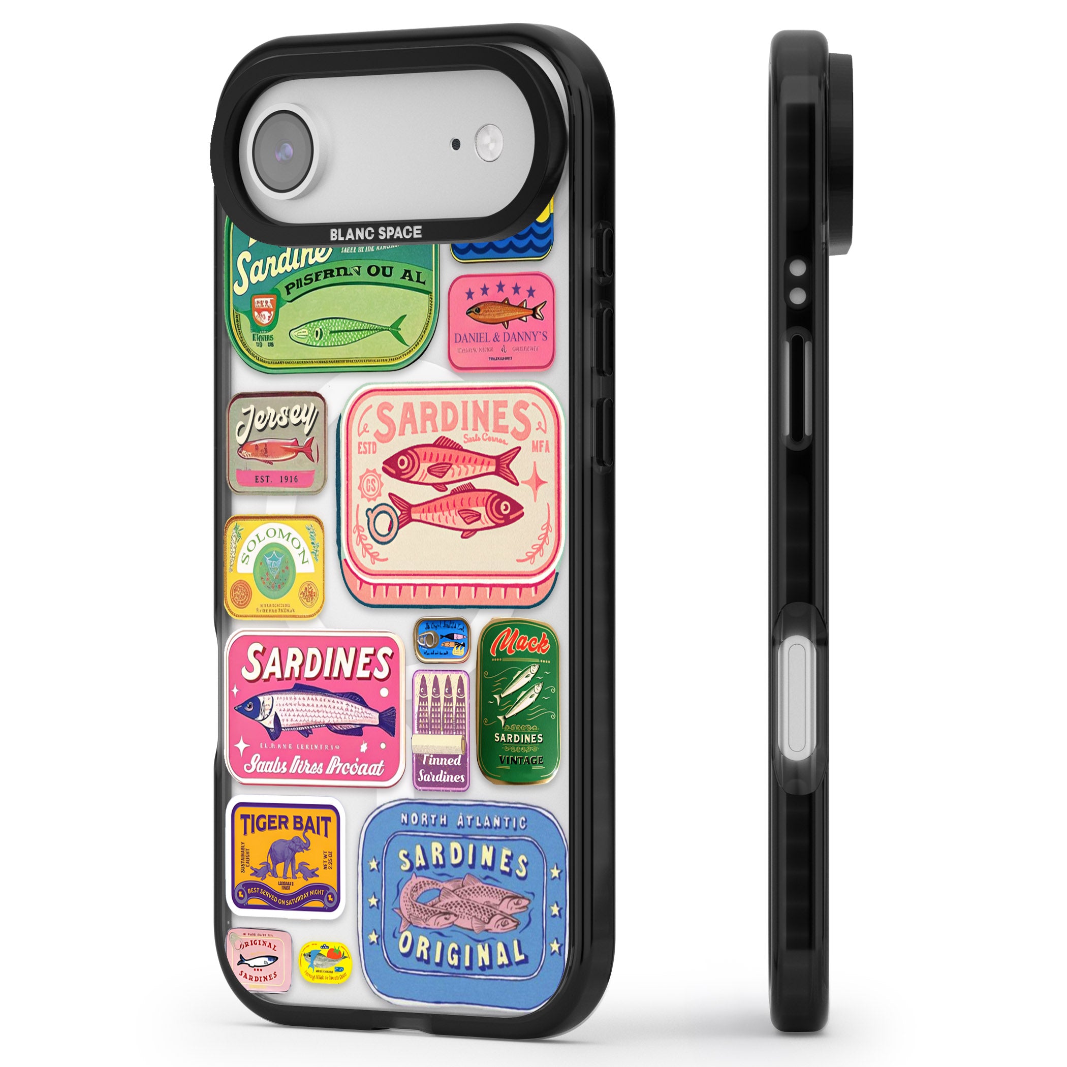 Vintage Sardine Tins iPhone 17 Air Impact Pro Black Phone Case Side Profile