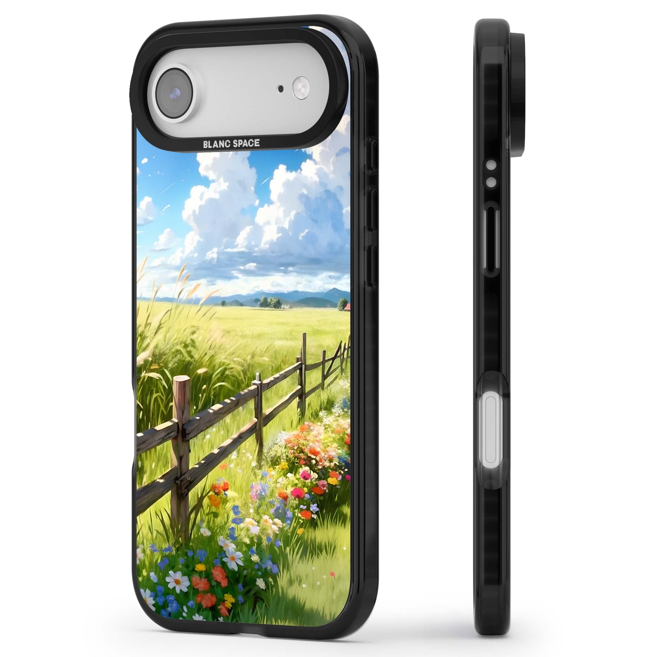 A Countryside Afternoon cottagecore iPhone case featuring a painted countryside meadow, wooden fence, and wildflowers beneath | Black Impact Magsafe case for iPhone Air