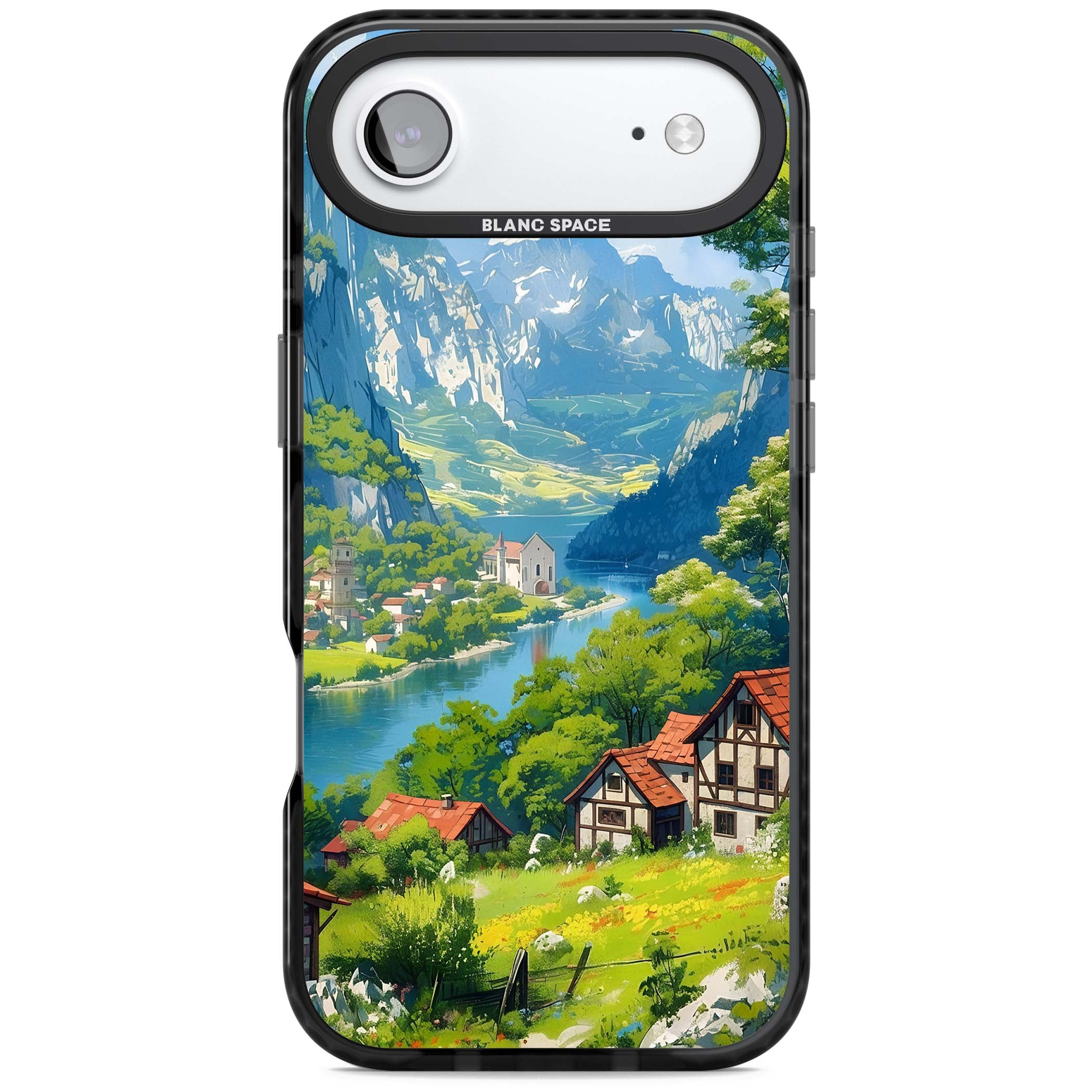 Village In The Valley anime iPhone case featuring a painted mountain village, river valley and half-timbered cottages. | Black Impact Magsafe case for iPhone Air