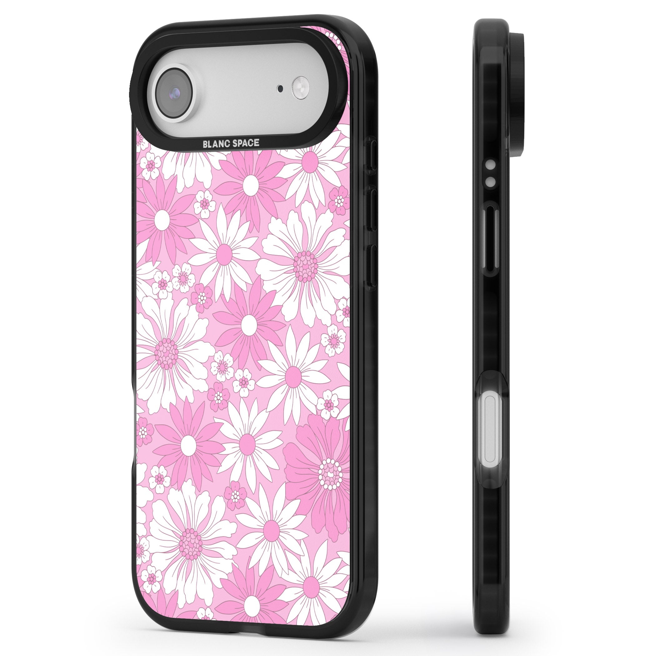 Pink White Flowers iPhone 17 Air Impact Pro Black Phone Case Side Profile