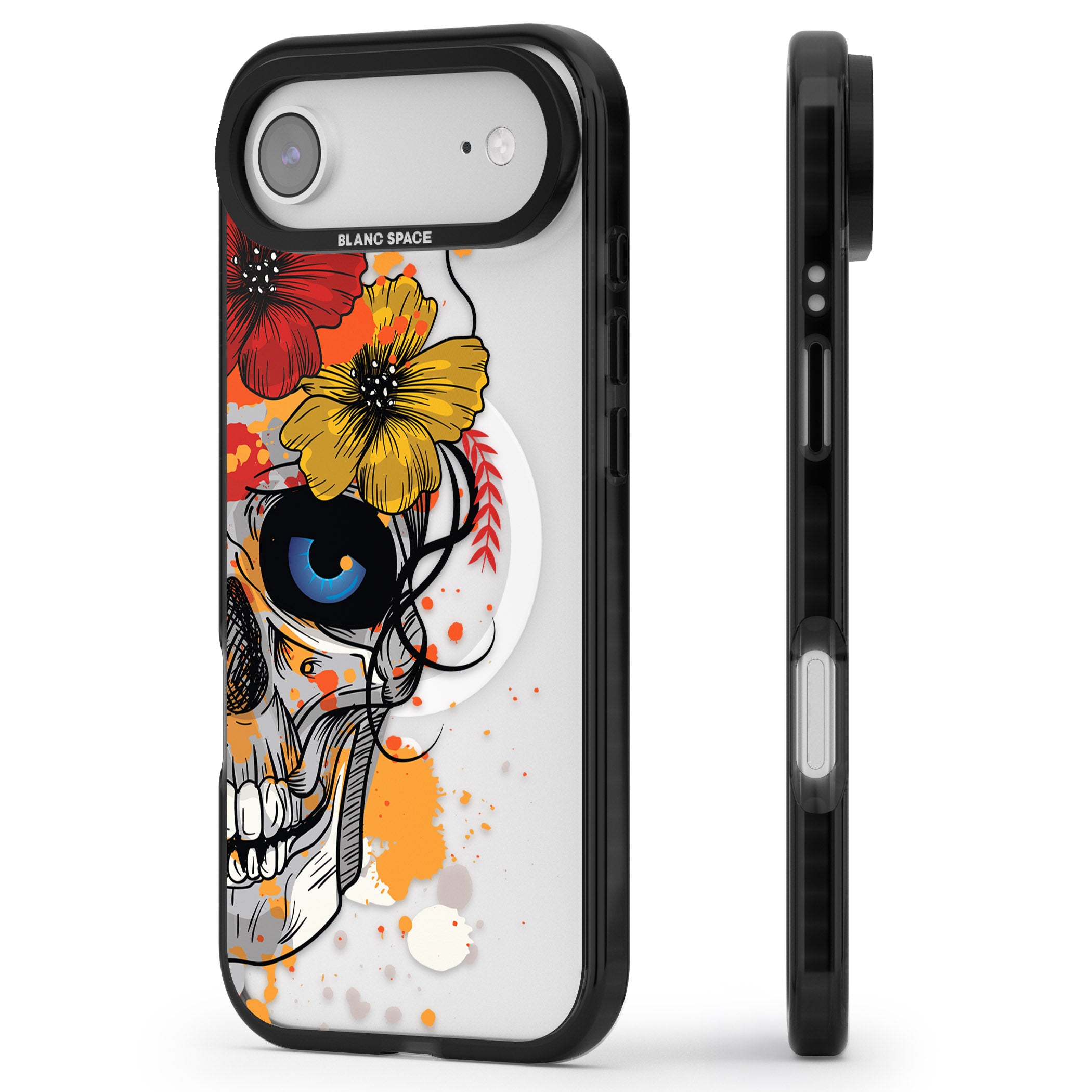 Sugar Skull Flowers iPhone 17 Air Impact Pro Black Phone Case Side Profile