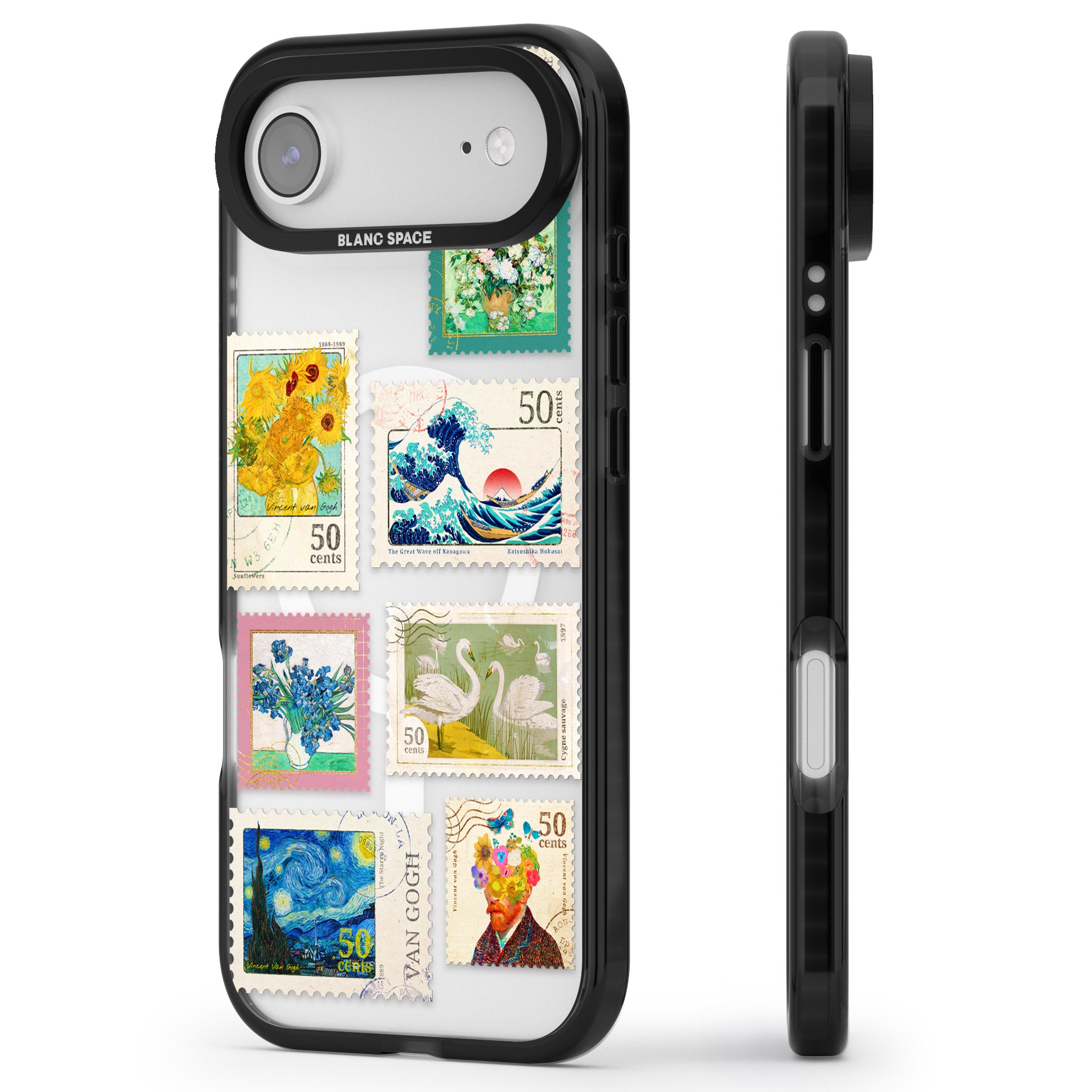 Vintage Art Stamps iPhone 17 Air Impact Pro Black Phone Case Side Profile