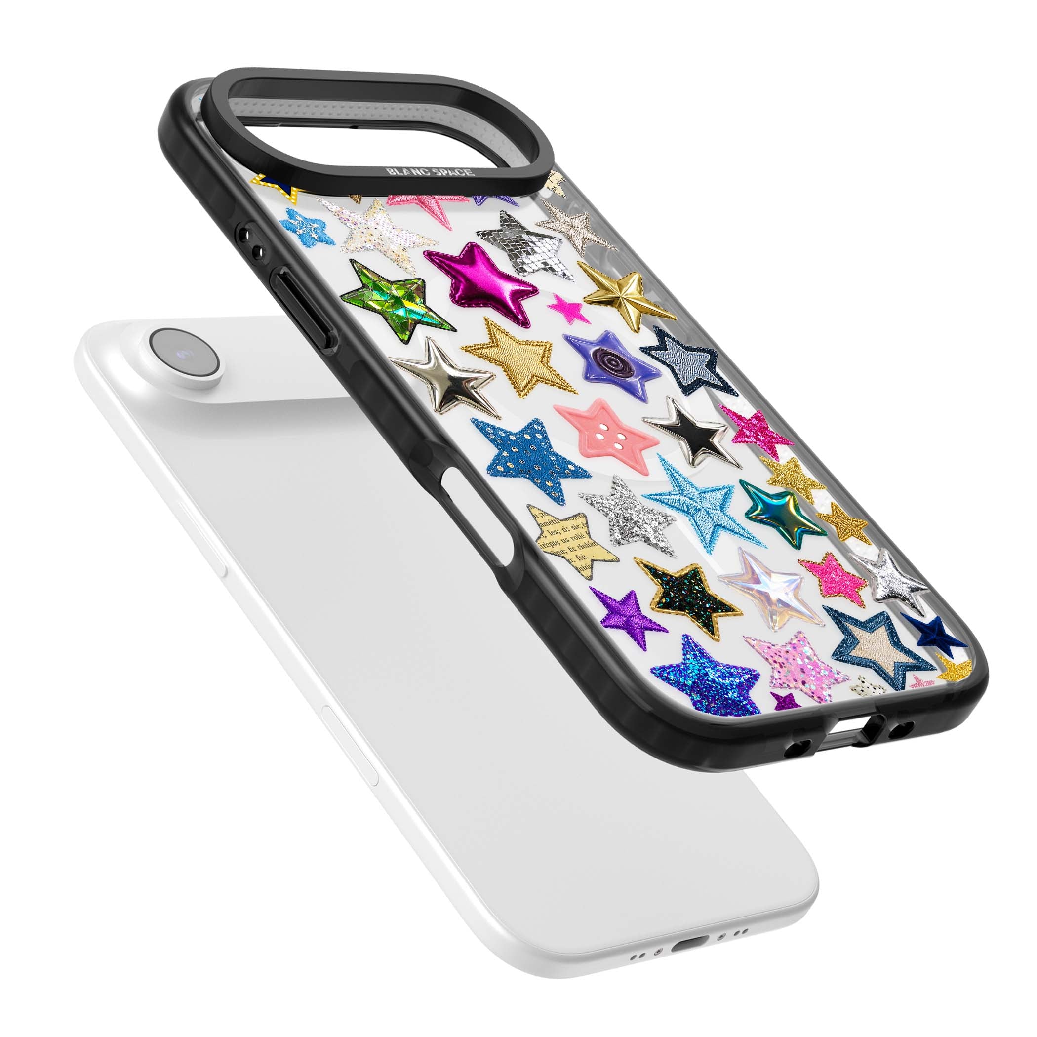 Crafty Star Mix Y2K iPhone case featuring embroidered, sequinned and glitter star patches in rainbow colours | Black Impact Magsafe case for iPhone Air