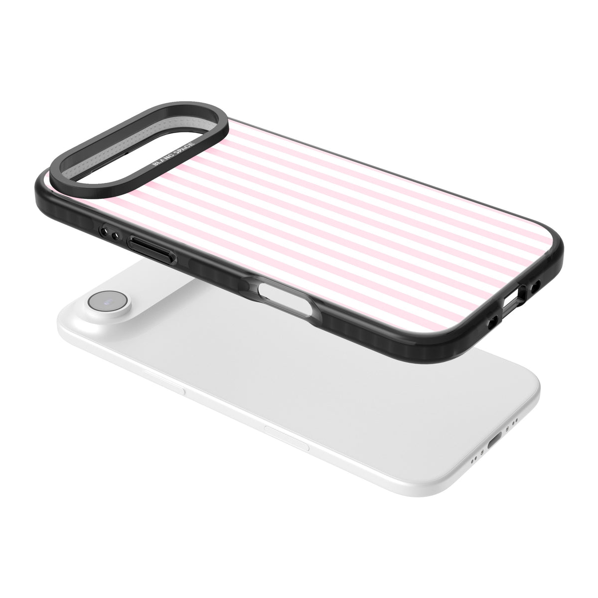 Pink Stripe preppy iPhone case featuring soft pastel pink and white vertical candy stripes iPhone Air / iPhone 17 Air Impact Pro Black Phone Case angled
