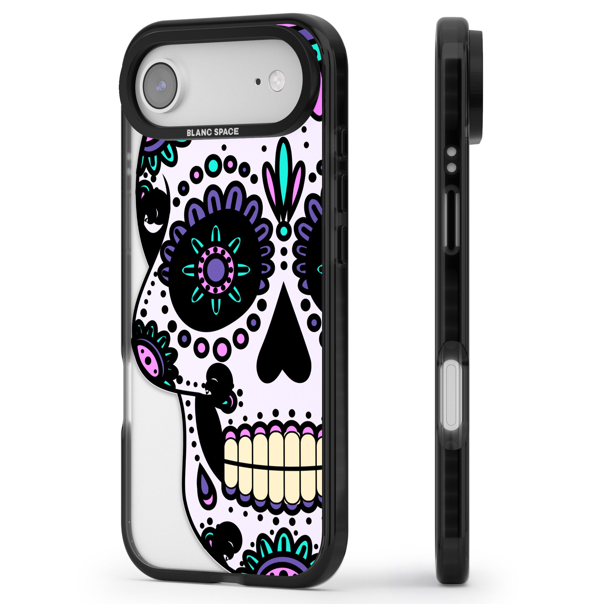 Violet Sugar Skull iPhone 17 Air Impact Pro Black Phone Case Side Profile