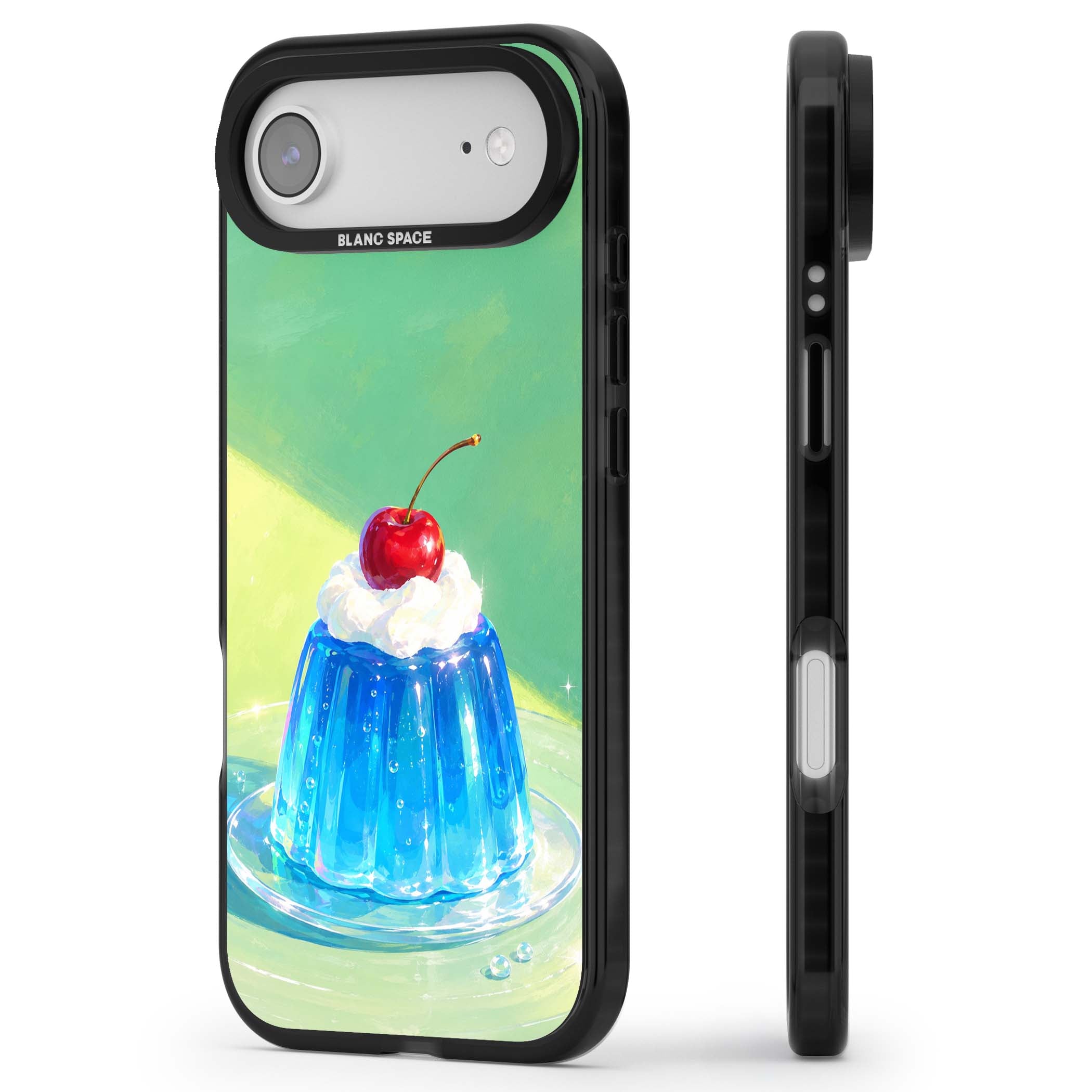 Cherry Jelly kawaii dessert iPhone case featuring blue jelly pudding, whipped cream and a red cherry | Black Impact Magsafe case for iPhone Air