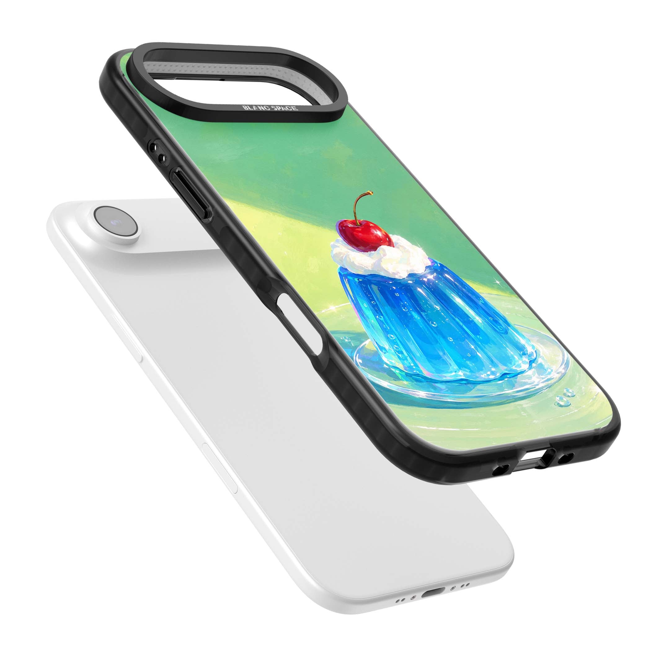 Cherry Jelly kawaii dessert iPhone case featuring blue jelly pudding, whipped cream and a red cherry | Black Impact Magsafe case for iPhone Air