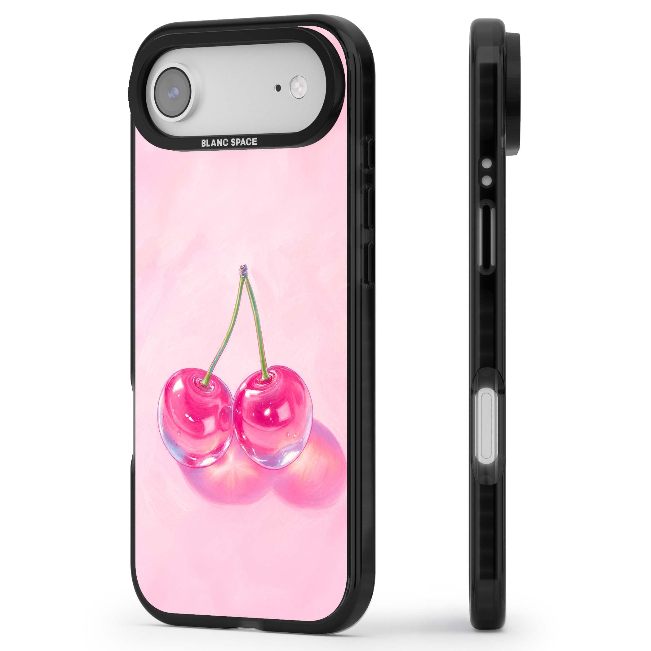 Pink Glass Cherry coquette iPhone case featuring two glossy painted cherries on a soft pink background | Black Impact Magsafe case for iPhone Air