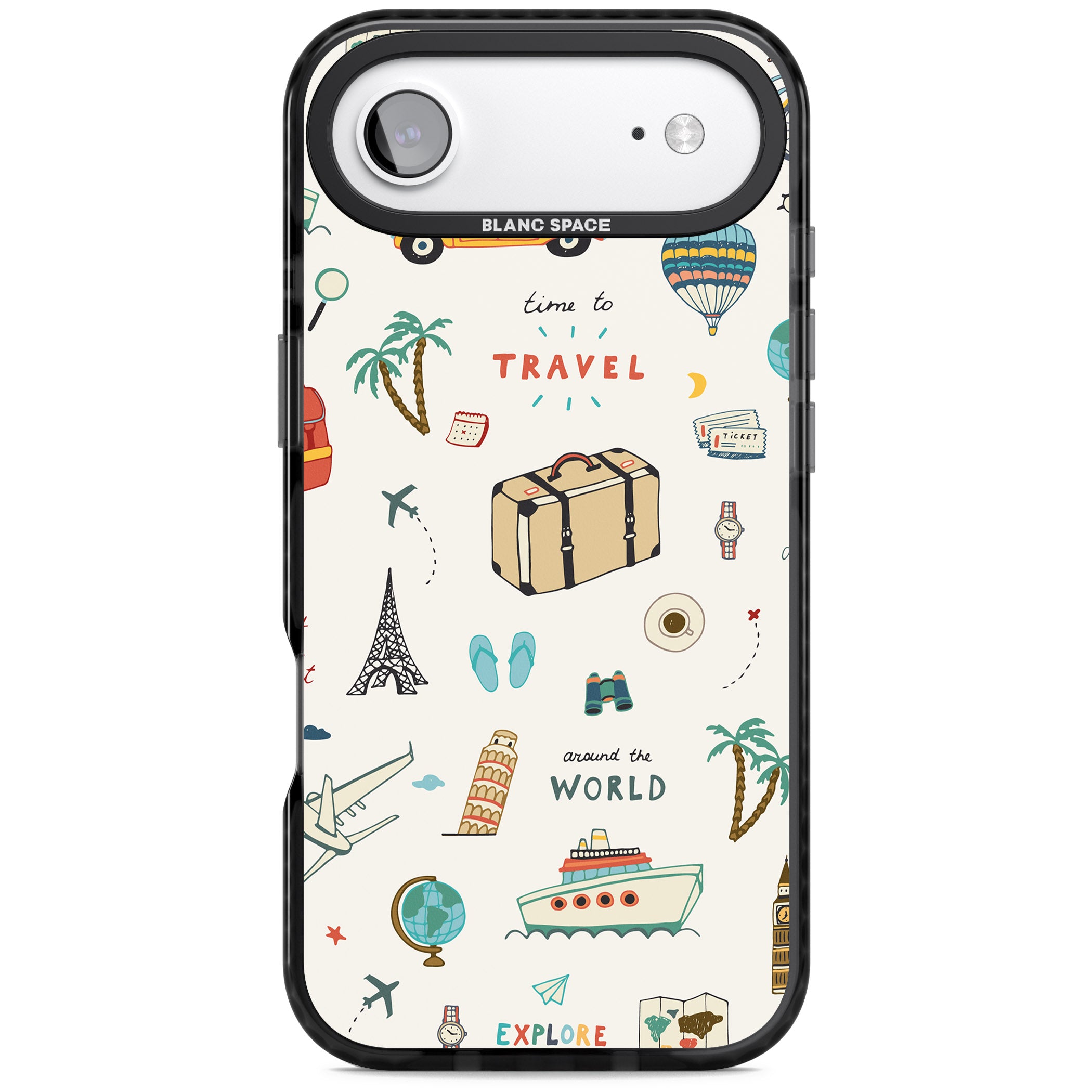 Cute Travel Pattern Cream iPhone 17 Air Impact Pro Black Phone Case