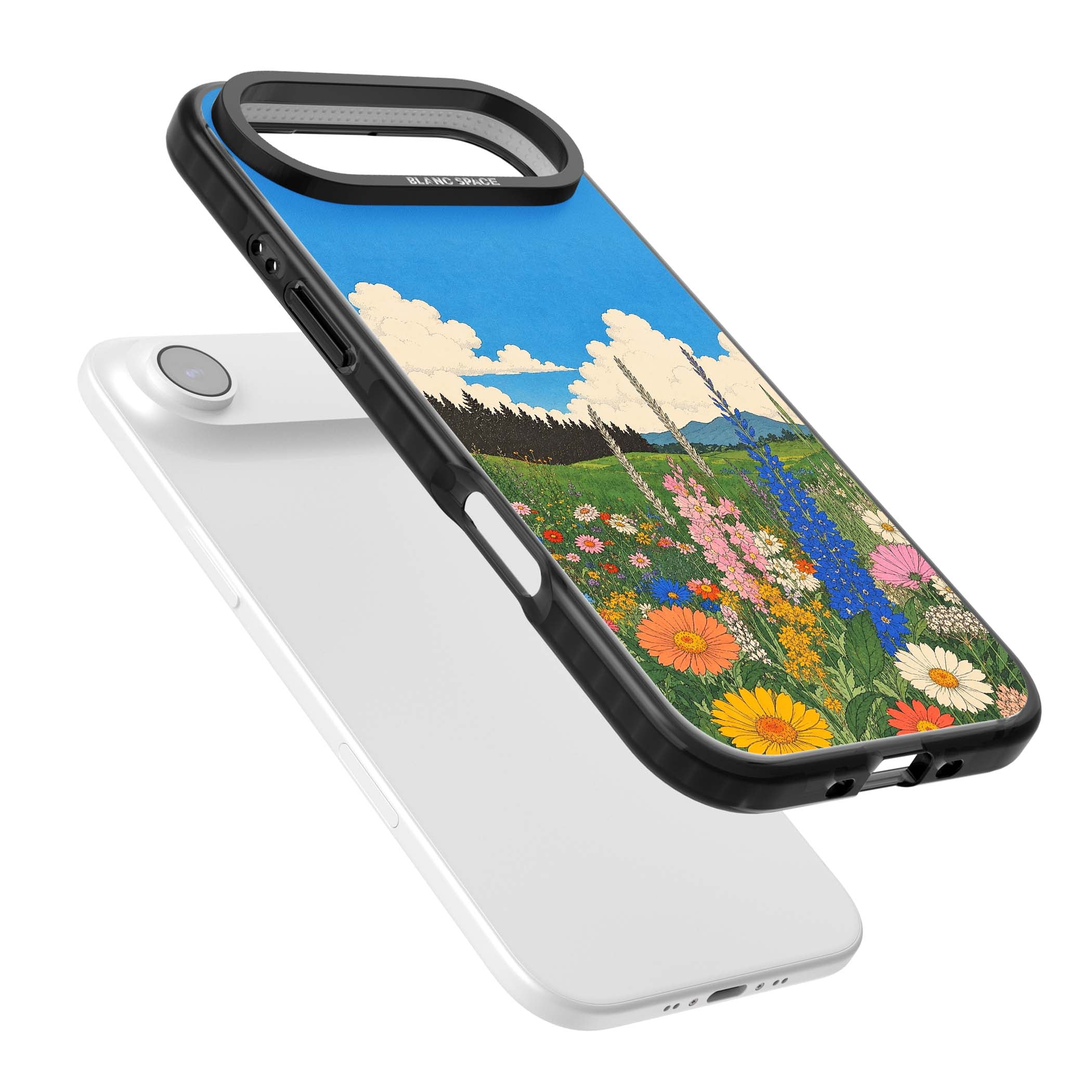 Wildbloom wildflower iPhone case featuring a vintage Japanese-style meadow landscape with daisies, delphiniums and moun | Black Impact Magsafe case for iPhone Air