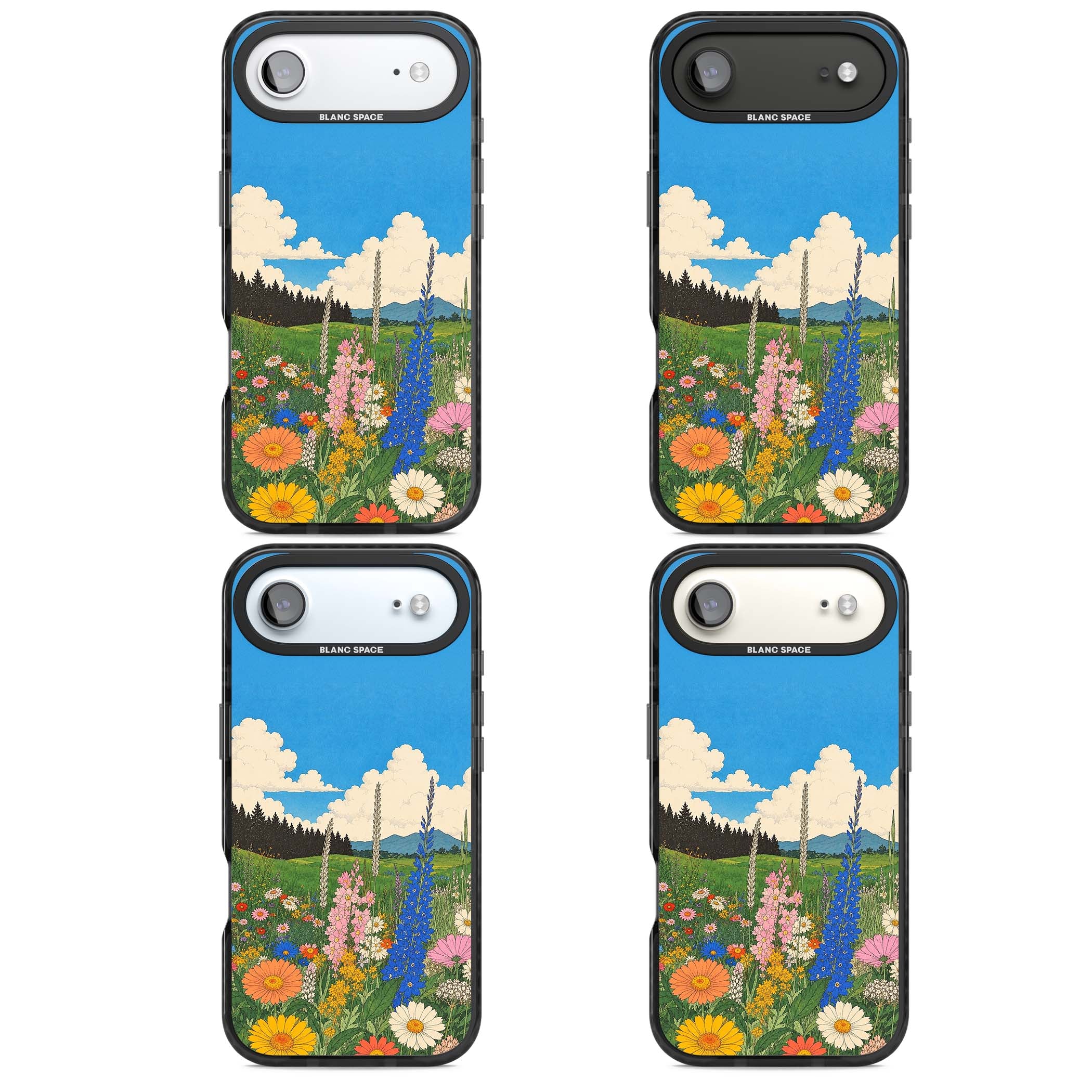 Wildbloom wildflower iPhone case featuring a vintage Japanese-style meadow landscape with daisies, delphiniums and moun | Black Impact Magsafe case for iPhone Air