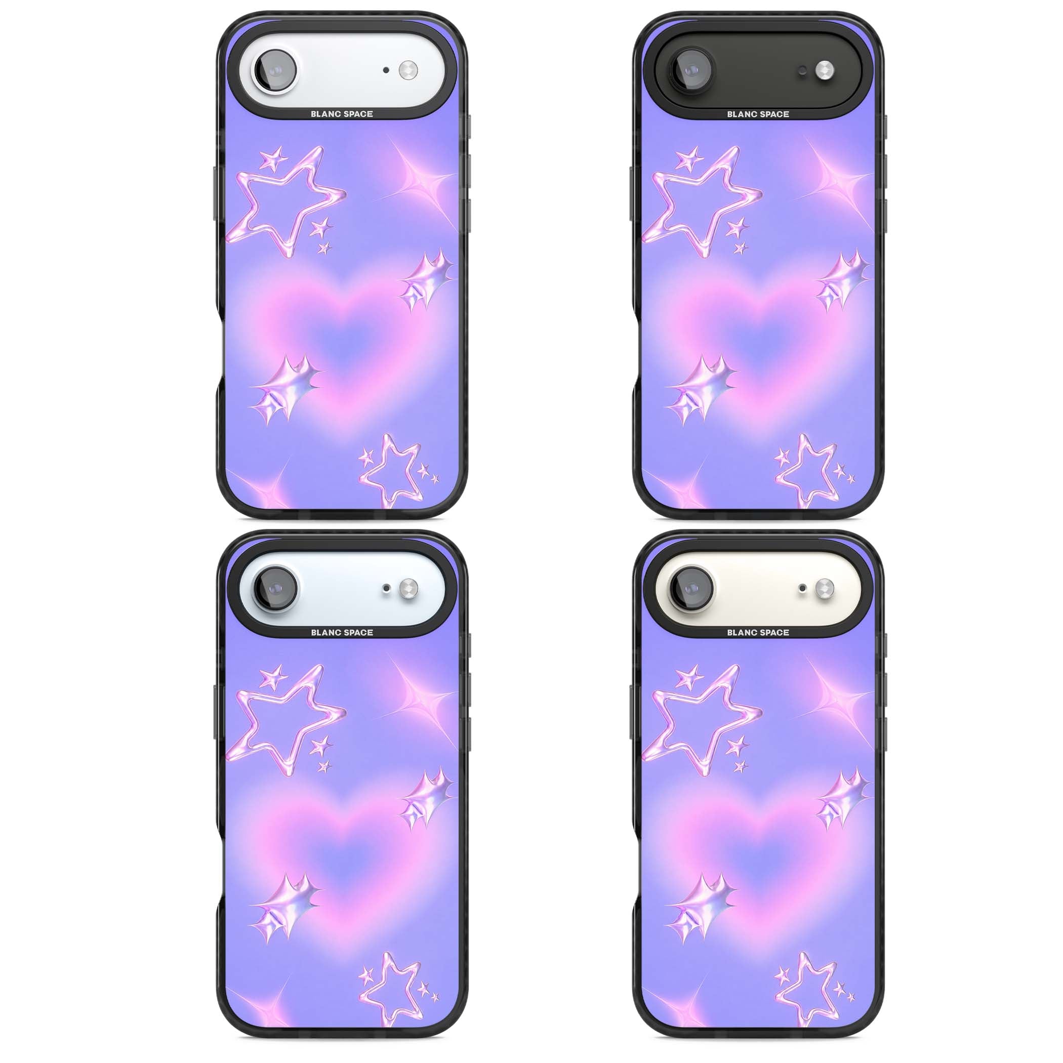 Soft Sugar Y2K iPhone case featuring iridescent chrome hearts, metallic pink stars and a lavender gradient sky | Black Impact Magsafe case for iPhone Air
