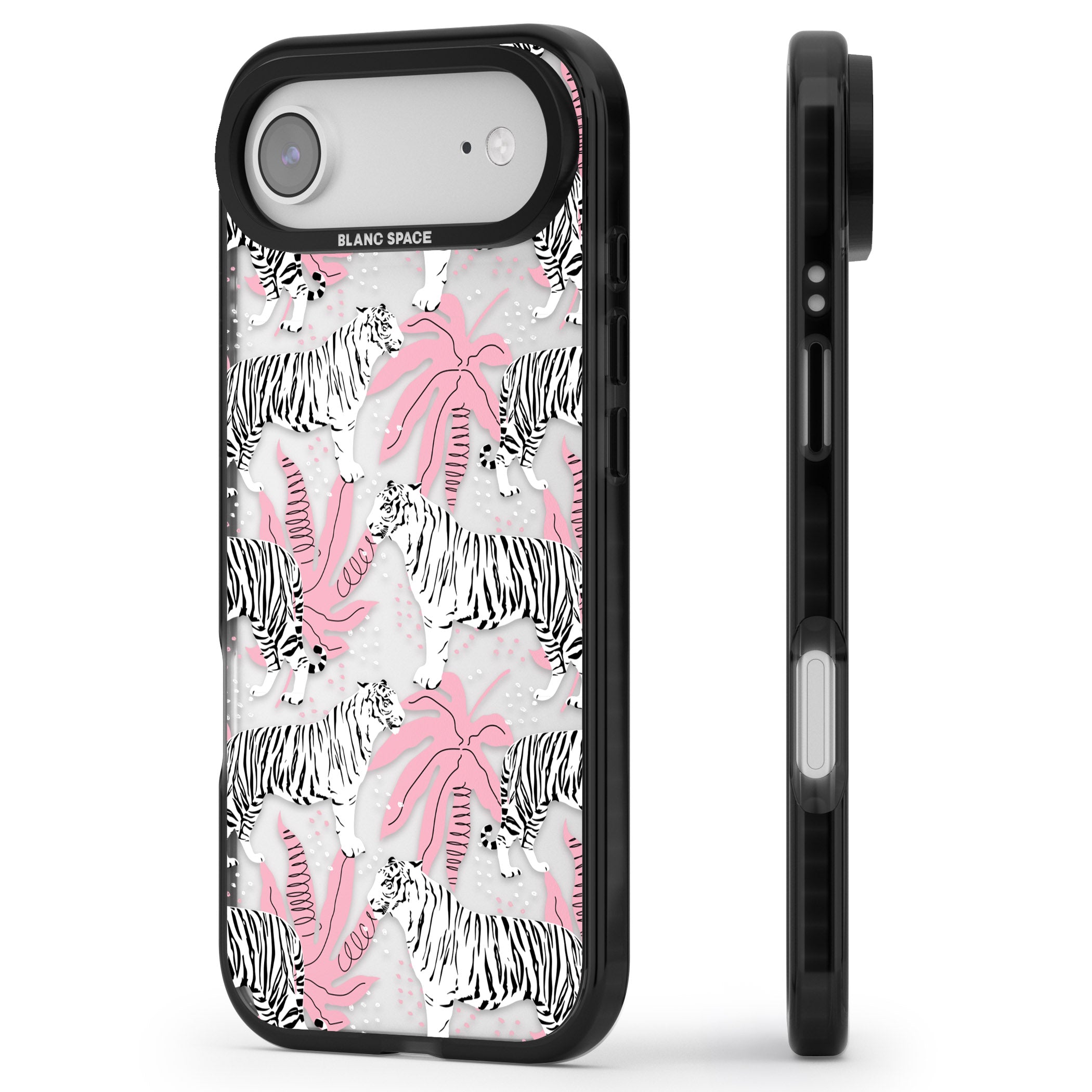 Pink & White Tropical Tigers iPhone 17 Air Impact Black Phone Case Side Profile