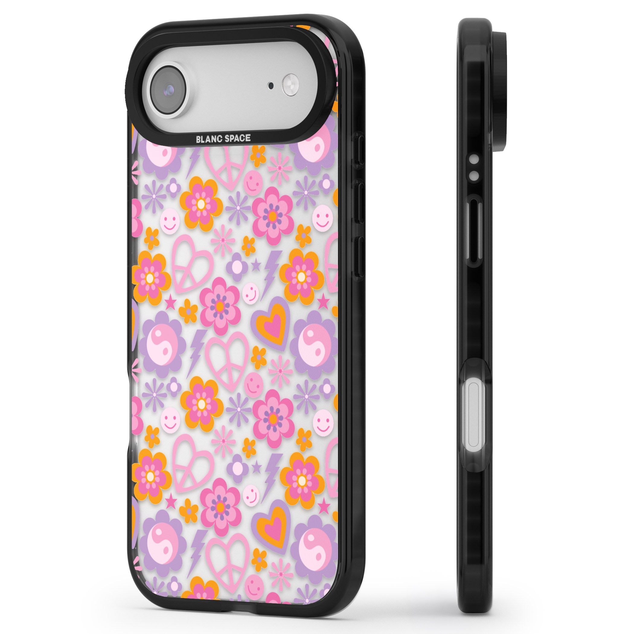 Peace, Love And Flowers Pattern iPhone 17 Air Impact Black Phone Case Side Profile