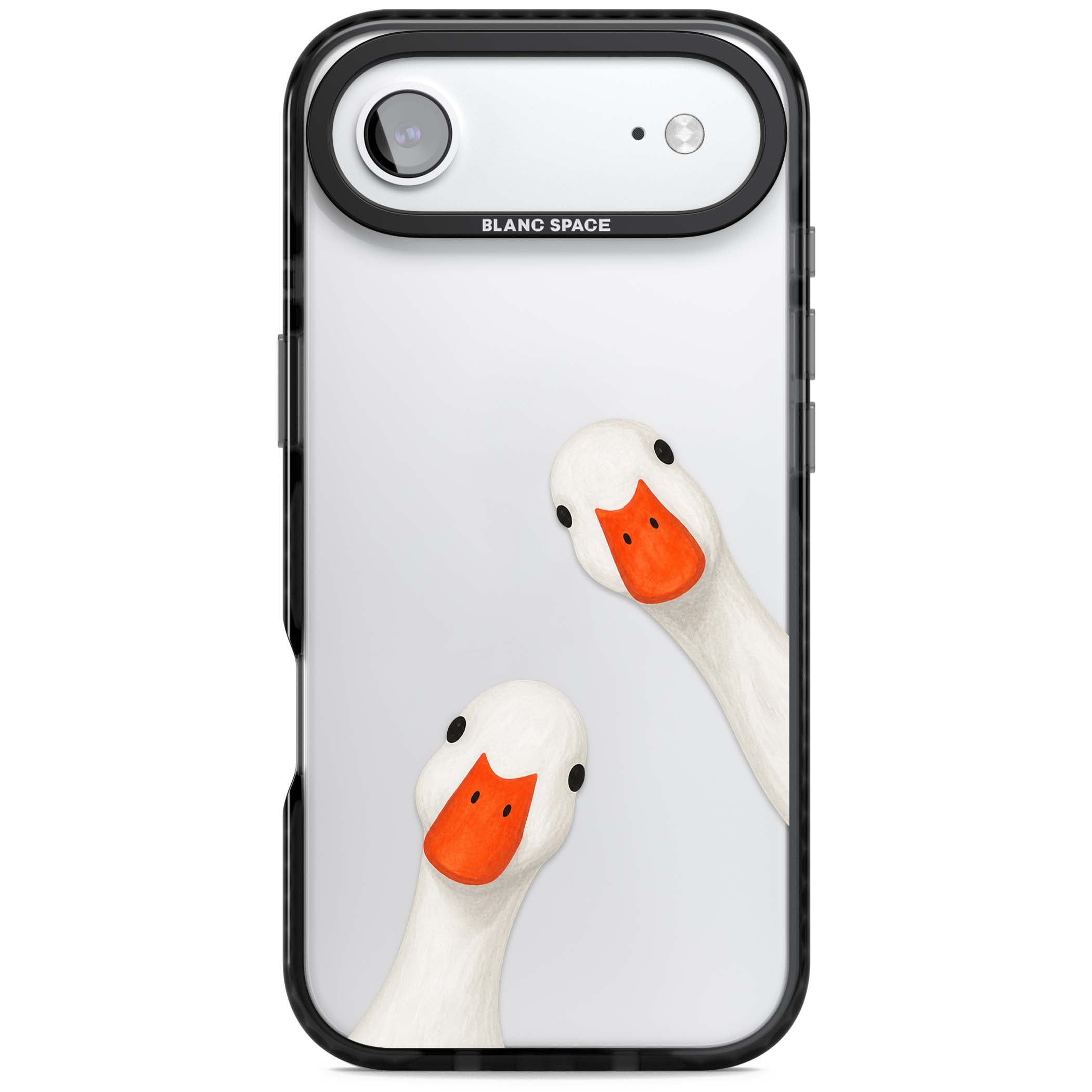 Nosy Ducks cottagecore iPhone case featuring two peeking white ducks with orange beaks on a clear background | Clear Impact case for iPhone Air