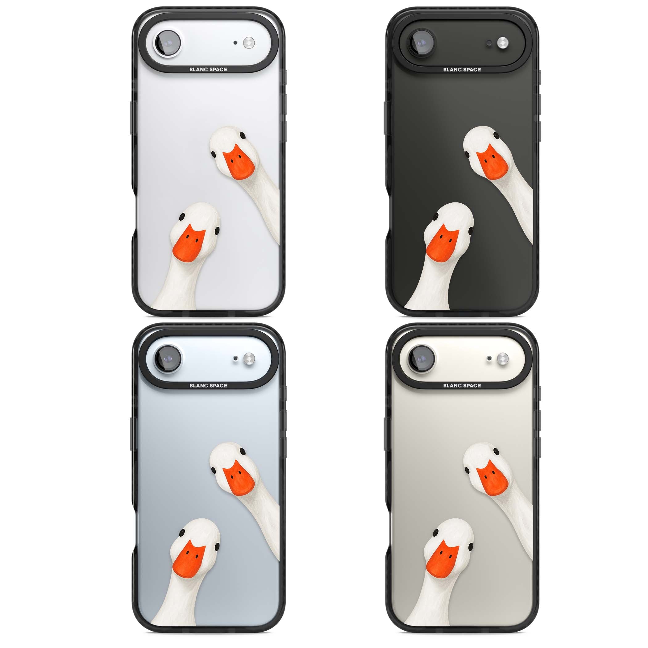 Nosy Ducks cottagecore iPhone case featuring two peeking white ducks with orange beaks on a clear background | Clear Impact case for iPhone Air