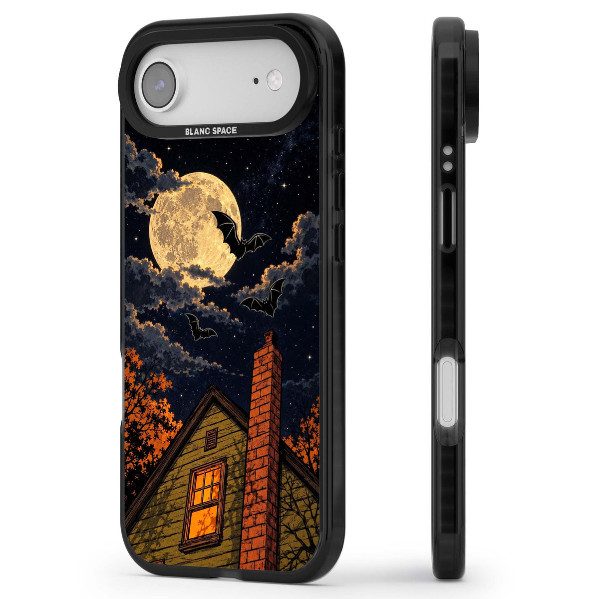 Hollows Eve Halloween iPhone case featuring a haunted house, full moon and flying bats against a starry autumn sky | Clear Impact case for iPhone Air