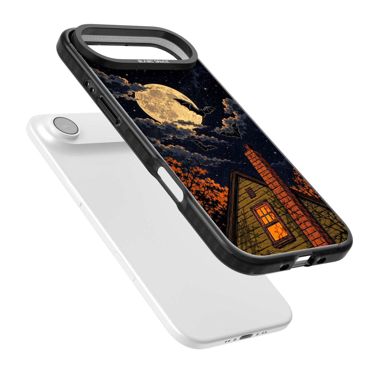 Hollows Eve Halloween iPhone case featuring a haunted house, full moon and flying bats against a starry autumn sky | Clear Impact case for iPhone Air