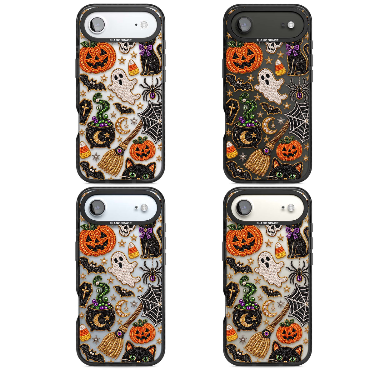 Beaded Halloween Halloween iPhone case featuring beaded pumpkins, ghosts, black cats and bats | Clear Impact case for iPhone Air