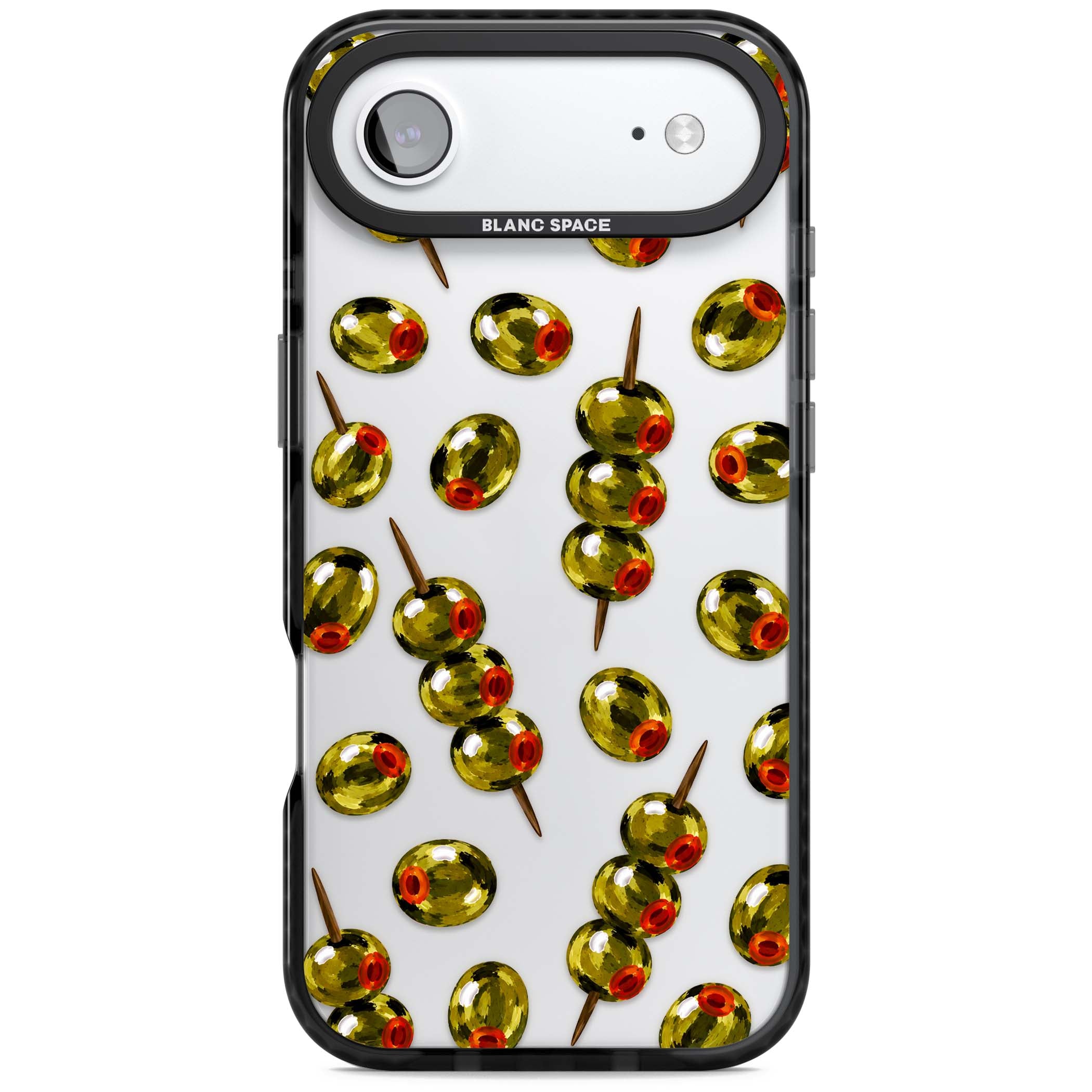 Painted Olives cocktail iPhone case featuring green olives, pimento centres and toothpick skewers on a clear background | Clear Impact case for iPhone Air