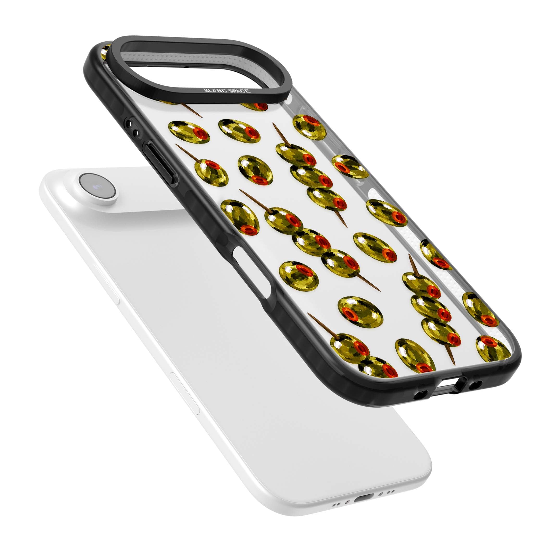 Painted Olives cocktail iPhone case featuring green olives, pimento centres and toothpick skewers on a clear background | Clear Impact case for iPhone Air