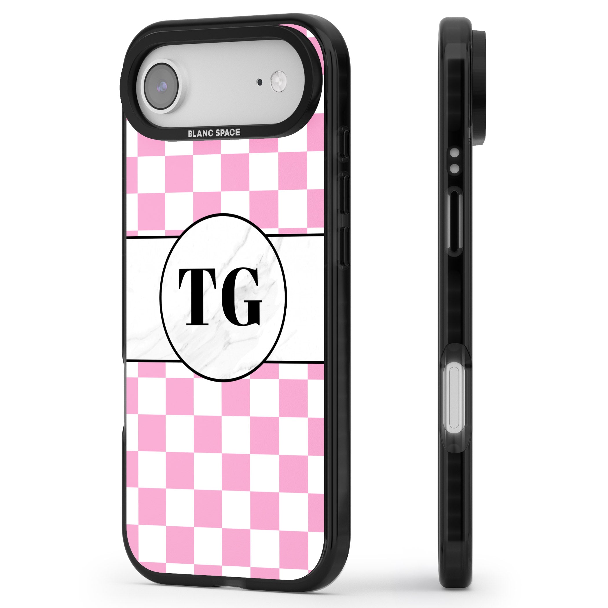 Personalised Monogrammed Pink Check iPhone 17 Air Impact Black Phone Case Side Profile